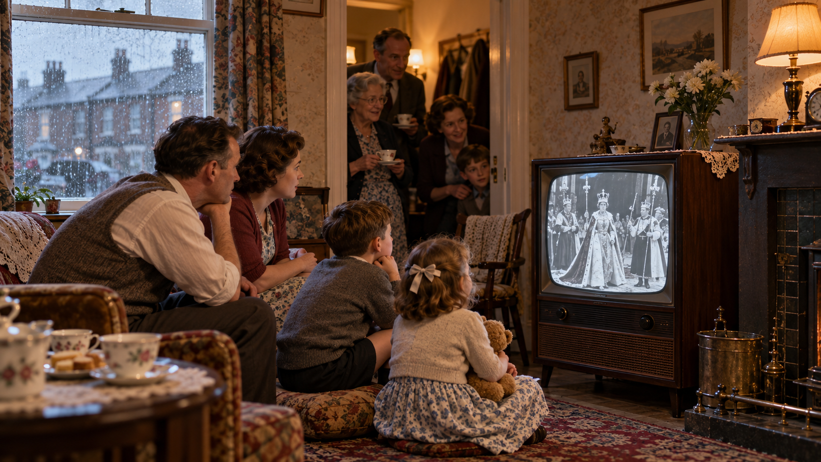 AI reconstruction of a British family watching the 1953 coronation on television