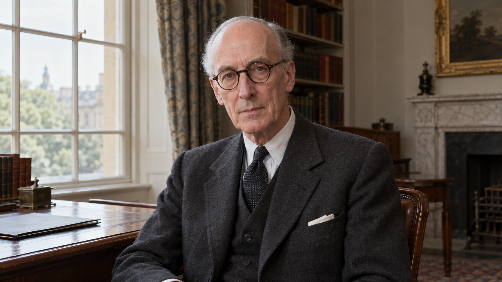 Realistic editorial recreation of Philip Noel-Baker in a mid-century British diplomatic study.