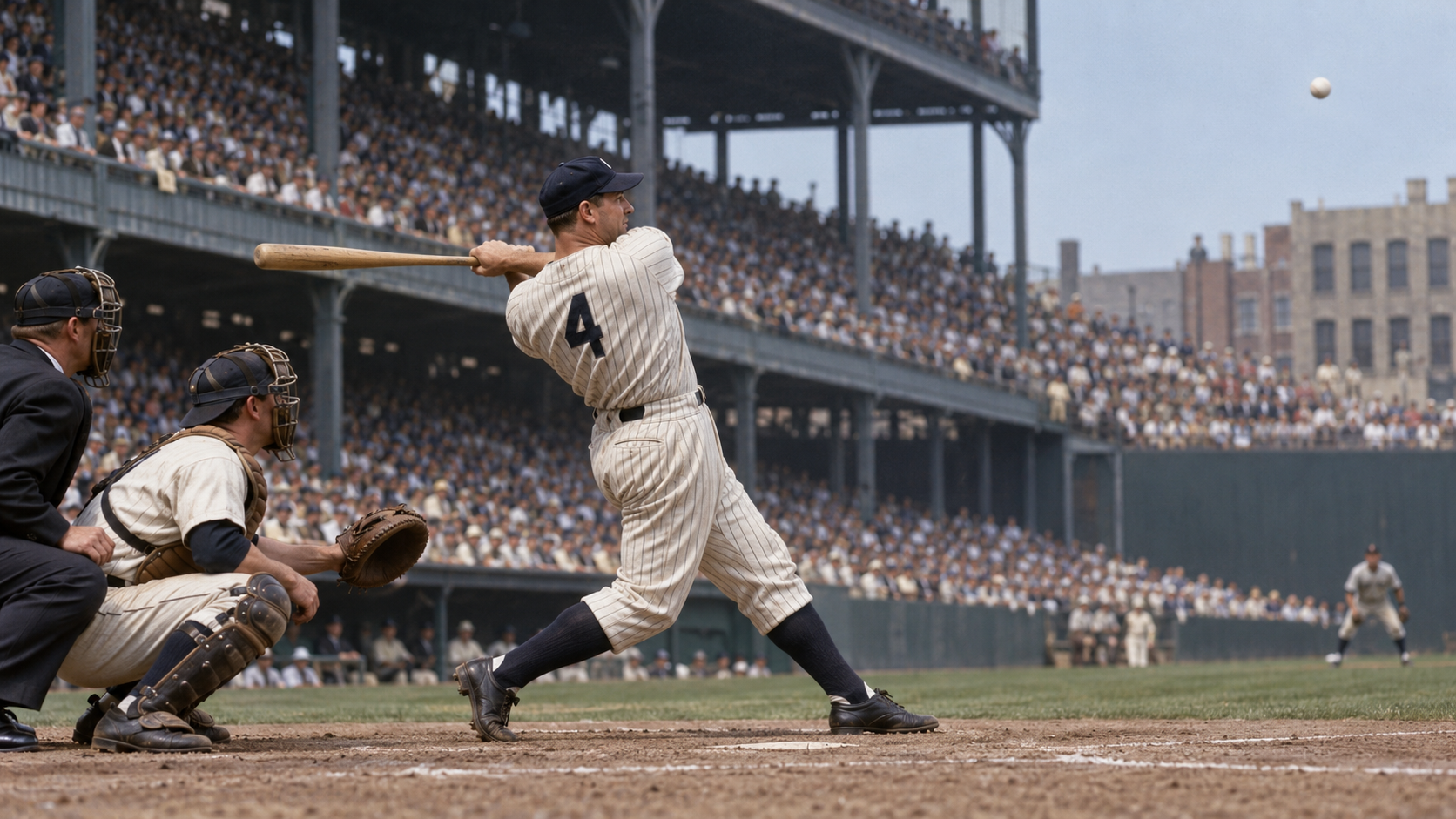 Photorealistic historical reconstruction of Lou Gehrig completing a powerful swing during his four-home-run game in Philadelphia in 1932.