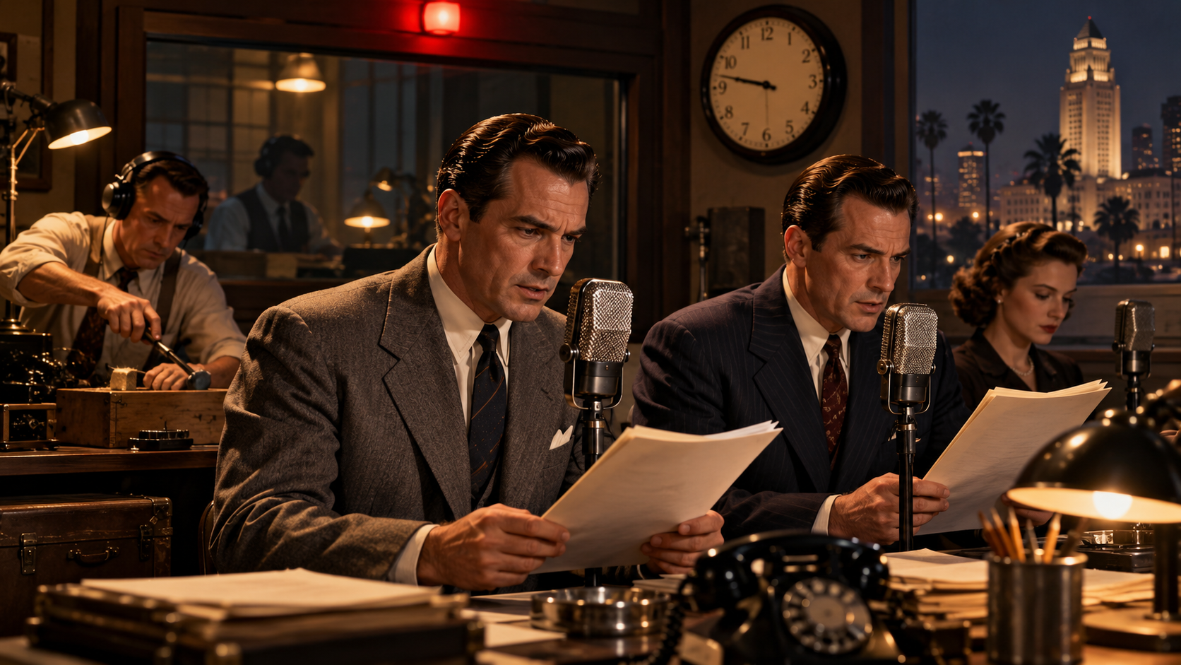 AI reconstruction of actors performing a late-1940s police drama in a Los Angeles radio studio