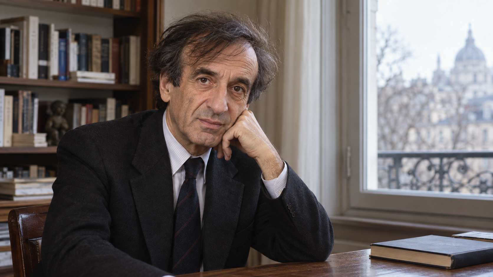 Realistic editorial recreation of Elie Wiesel in a quiet writer’s study.