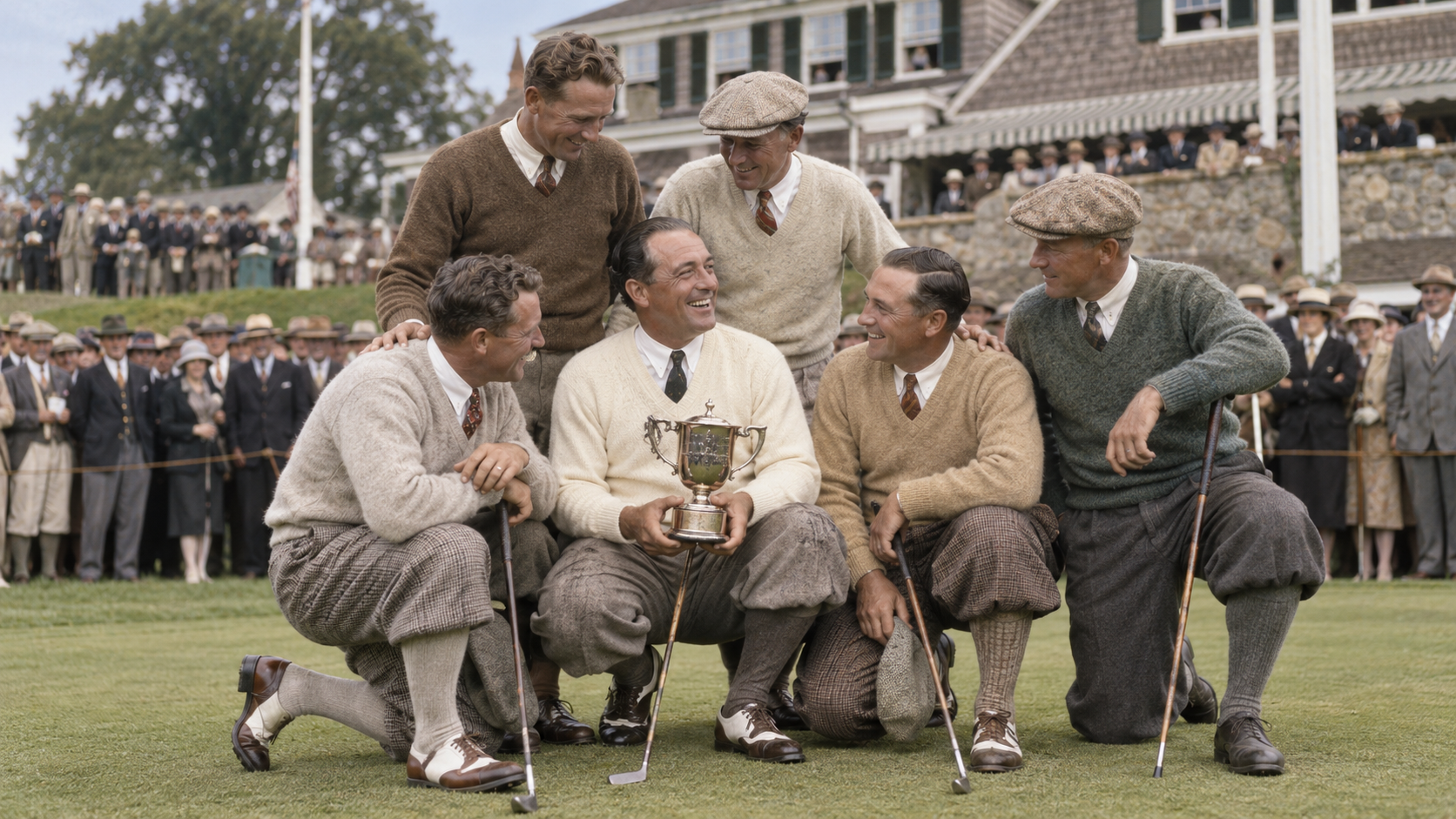 Photorealistic historical reconstruction of the United States golf team celebrating victory in the inaugural Ryder Cup at Worcester Country Club in 1927.