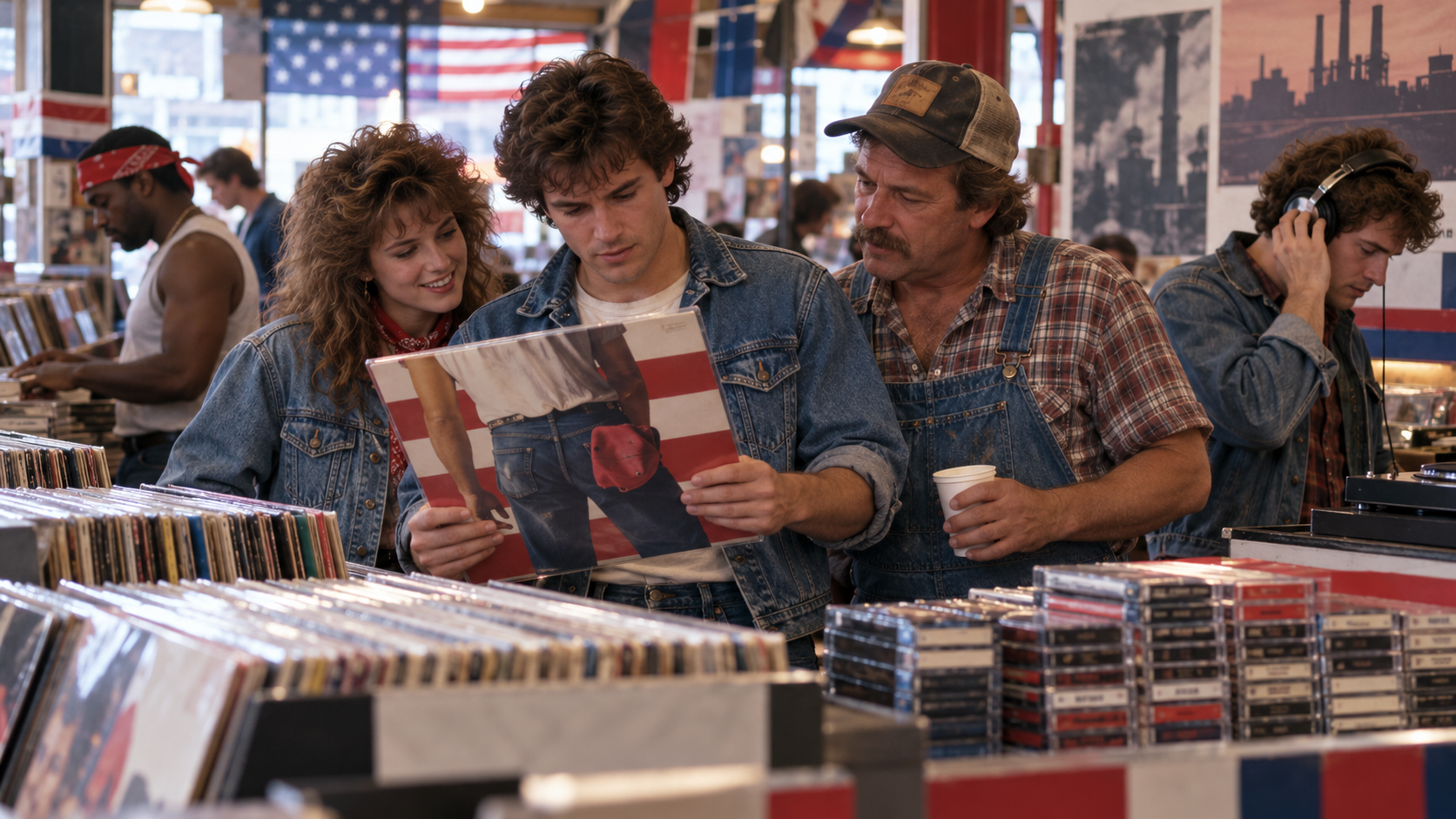 AI reconstruction of customers discovering a major American rock album in a 1984 record store