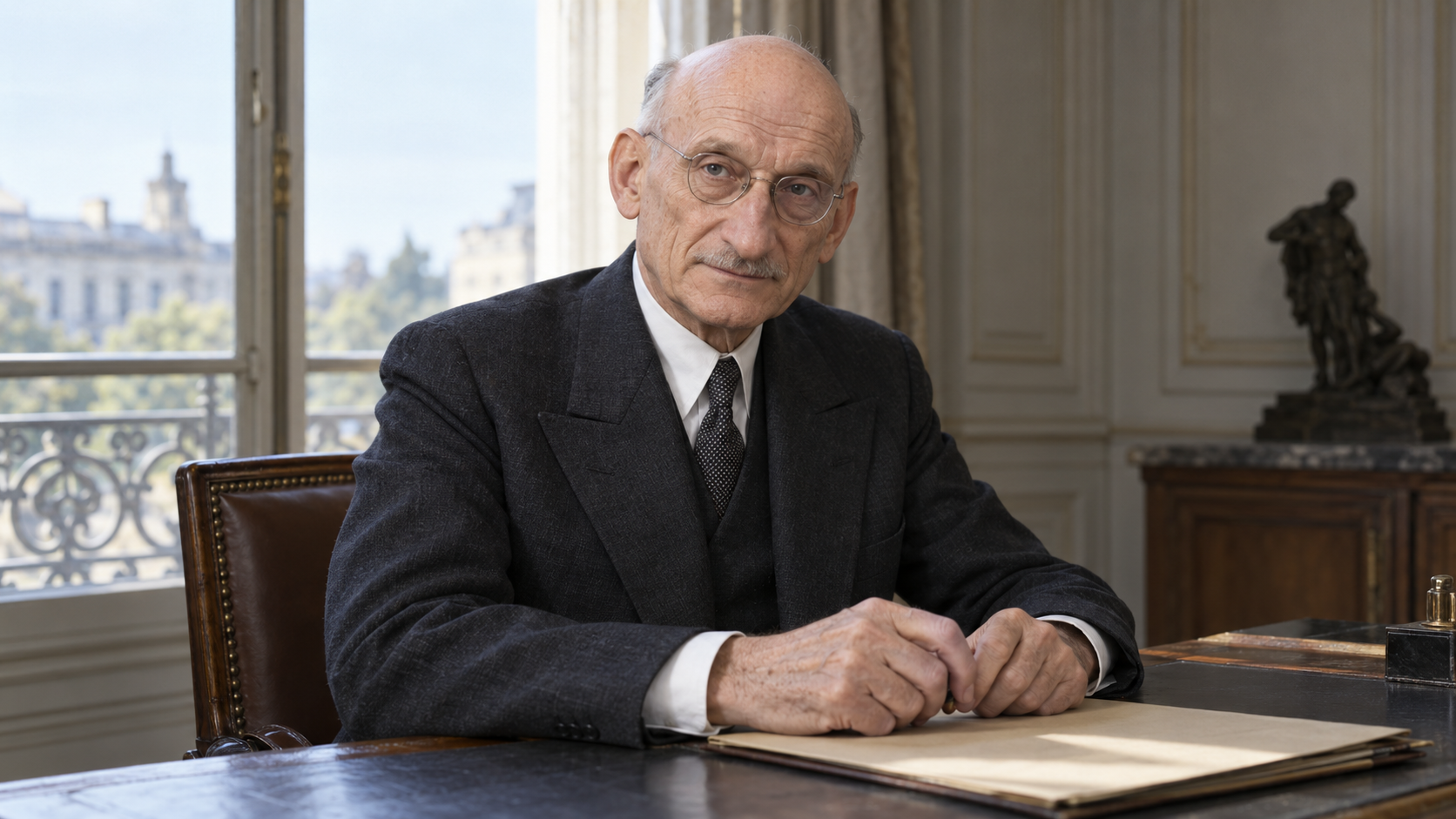 Realistic editorial recreation of Robert Schuman in a French diplomatic office.