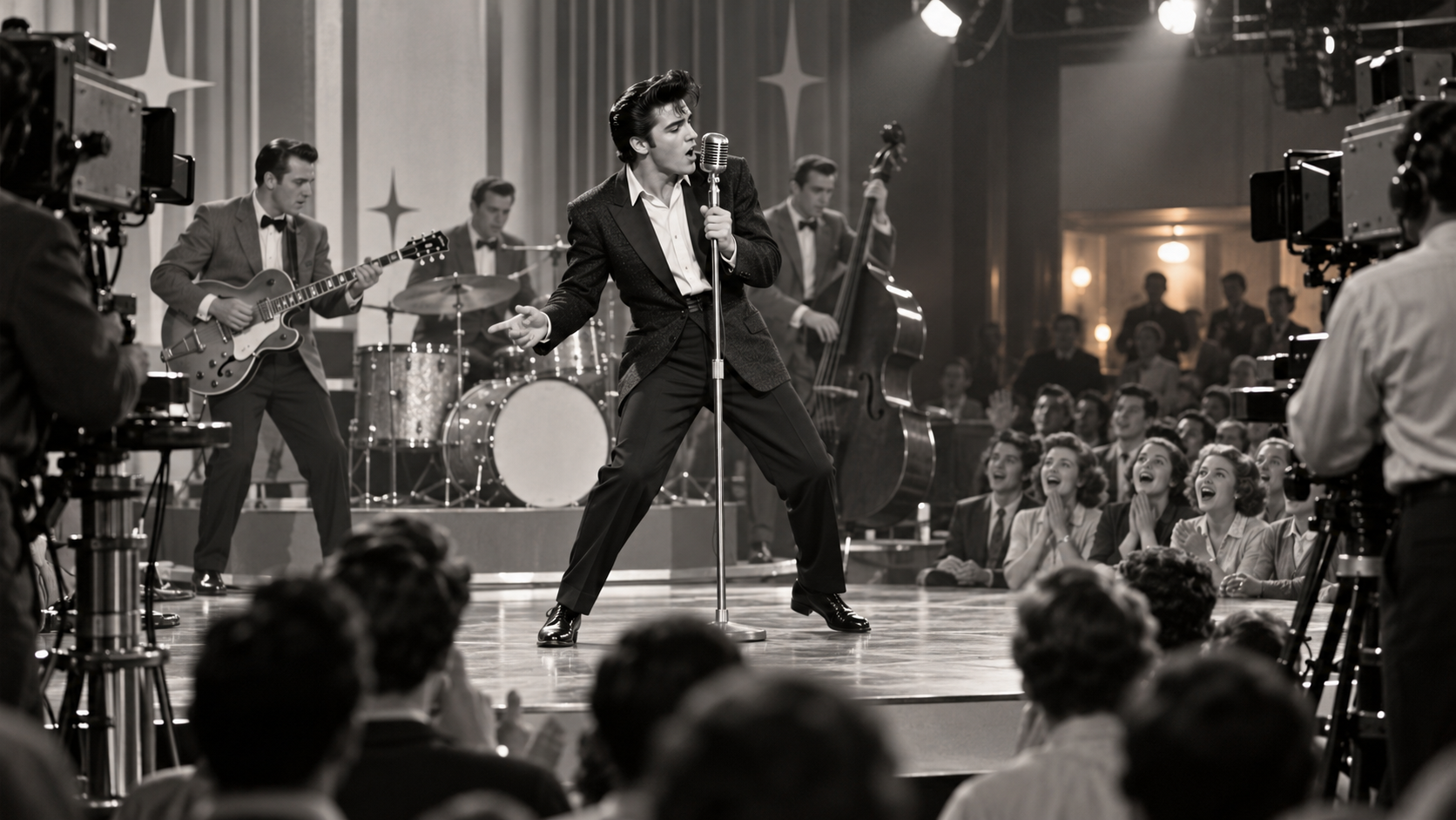 AI reconstruction of a young rock-and-roll singer performing in a 1956 television studio
