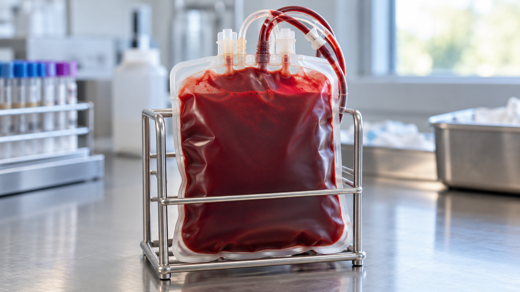 AI reconstruction of a sealed red blood cell bag, illustrating transfusion support for MDS anemia.