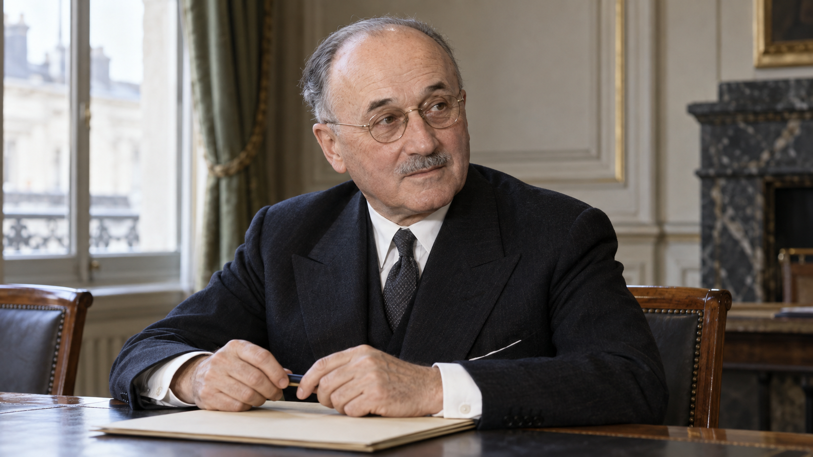 Realistic editorial recreation of Jean Monnet in a European cooperation meeting room.