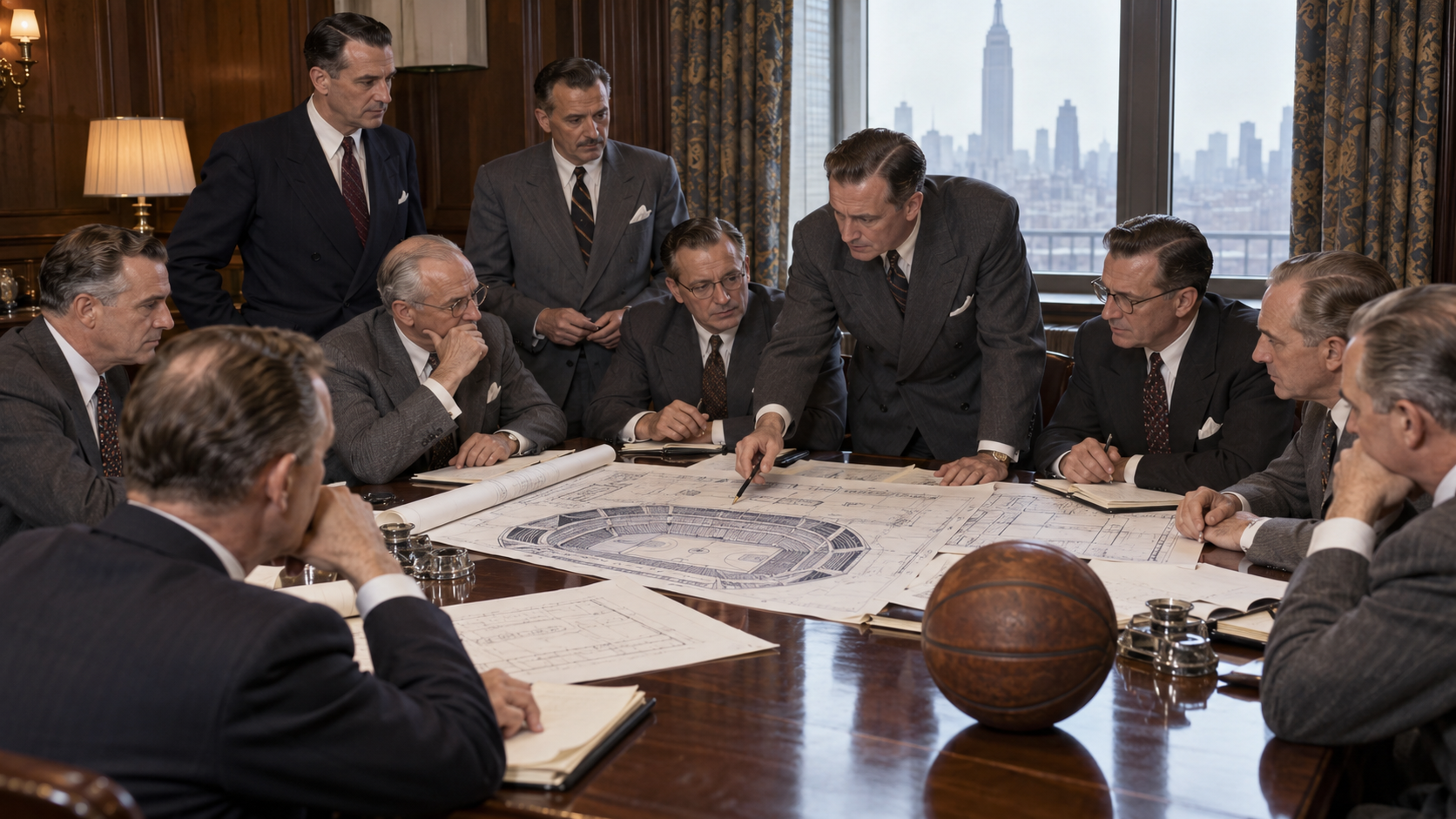 Photorealistic historical reconstruction of arena owners meeting in a New York hotel to establish a professional basketball league in 1946.