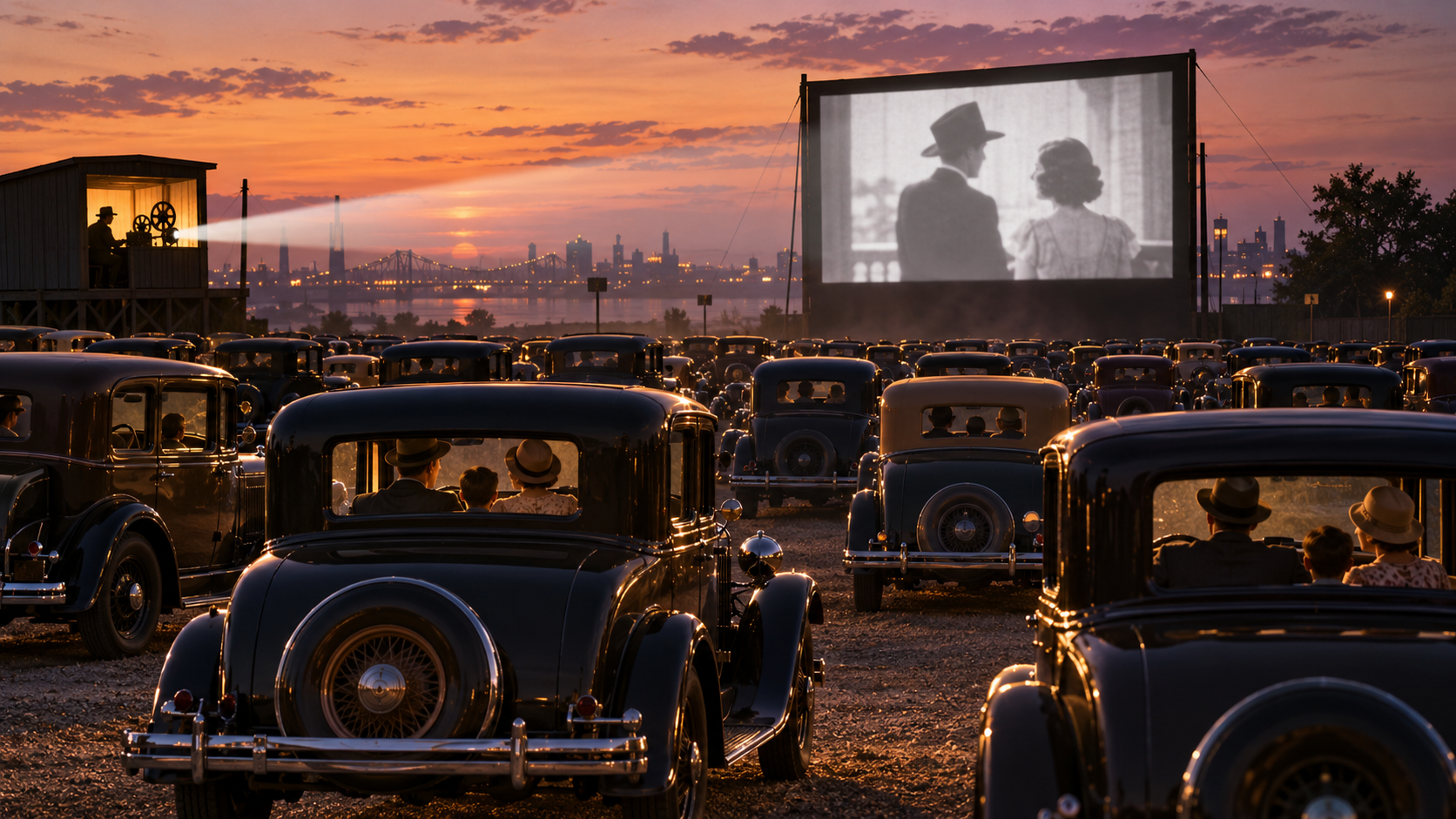 AI reconstruction of families watching a movie from 1930s automobiles at a drive-in theater