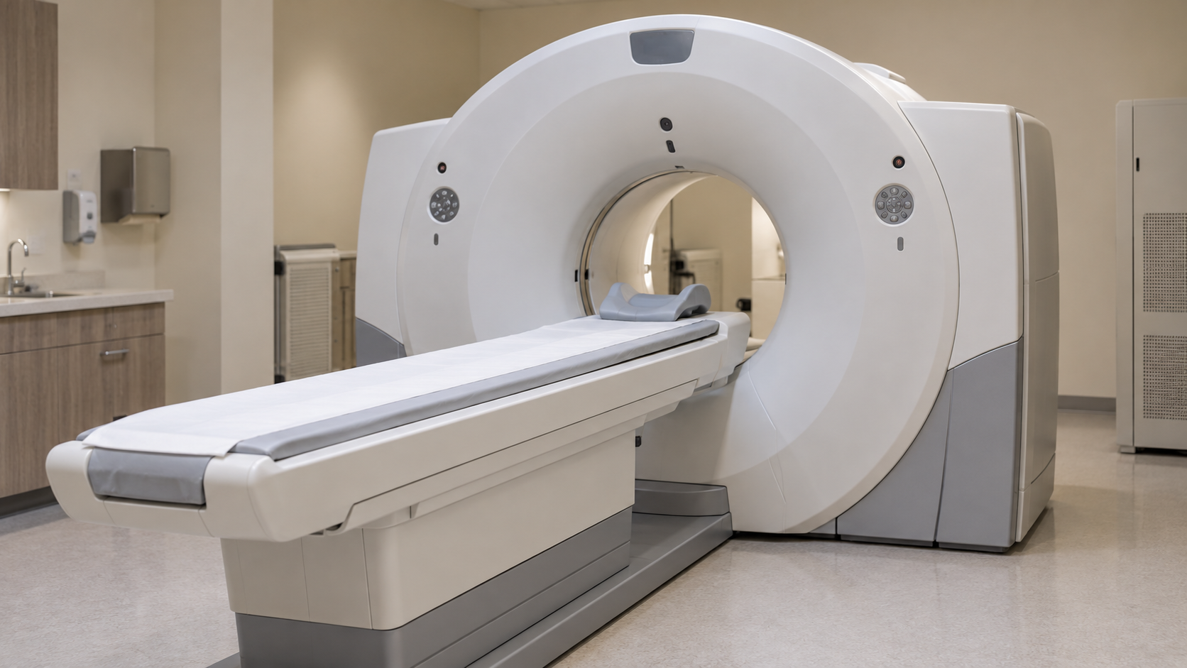 AI reconstruction of an unoccupied PET/CT scanner, illustrating the imaging context of Alzheimer's amyloid research.