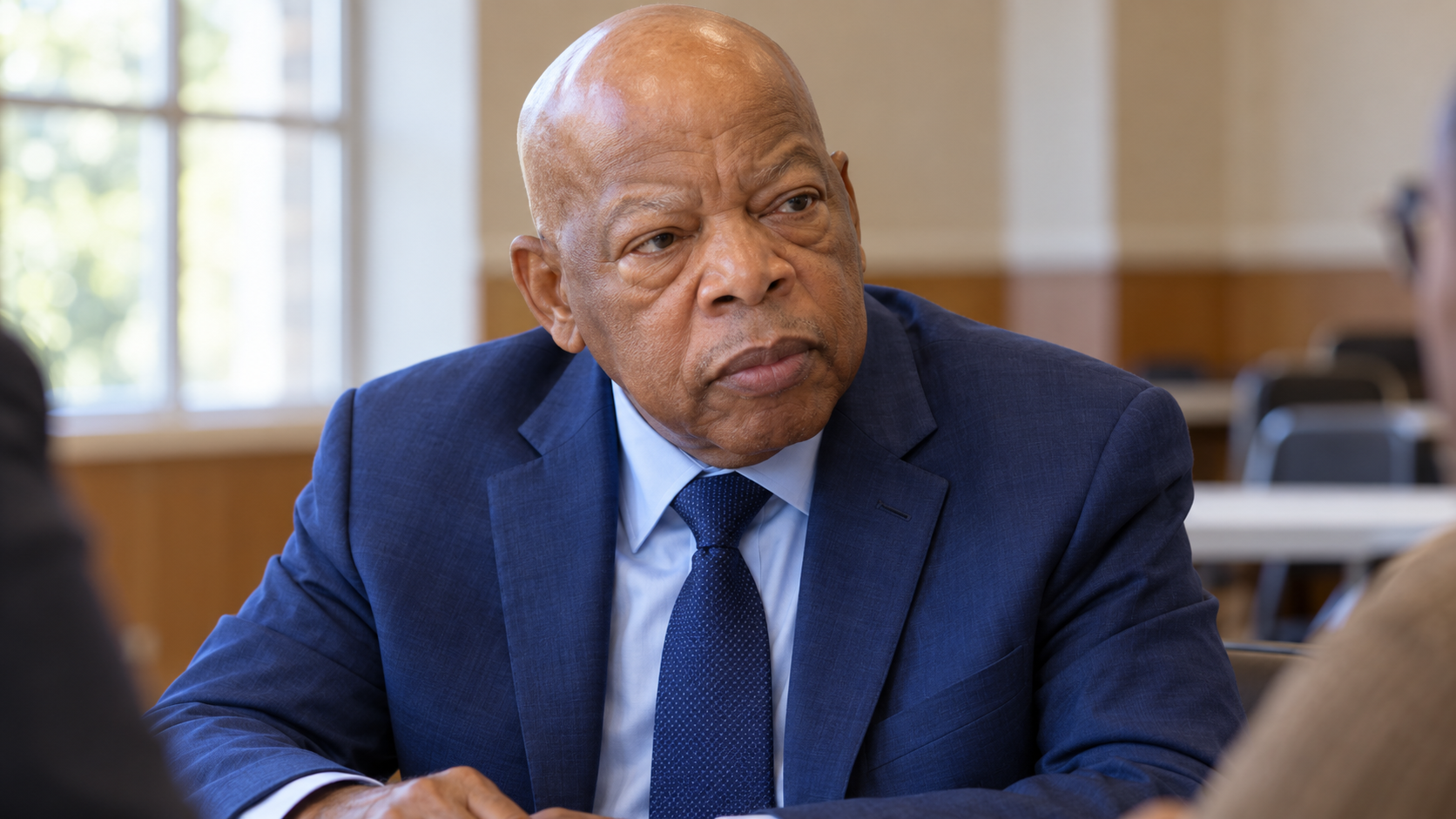 Realistic editorial recreation of John Lewis in a quiet community meeting hall.