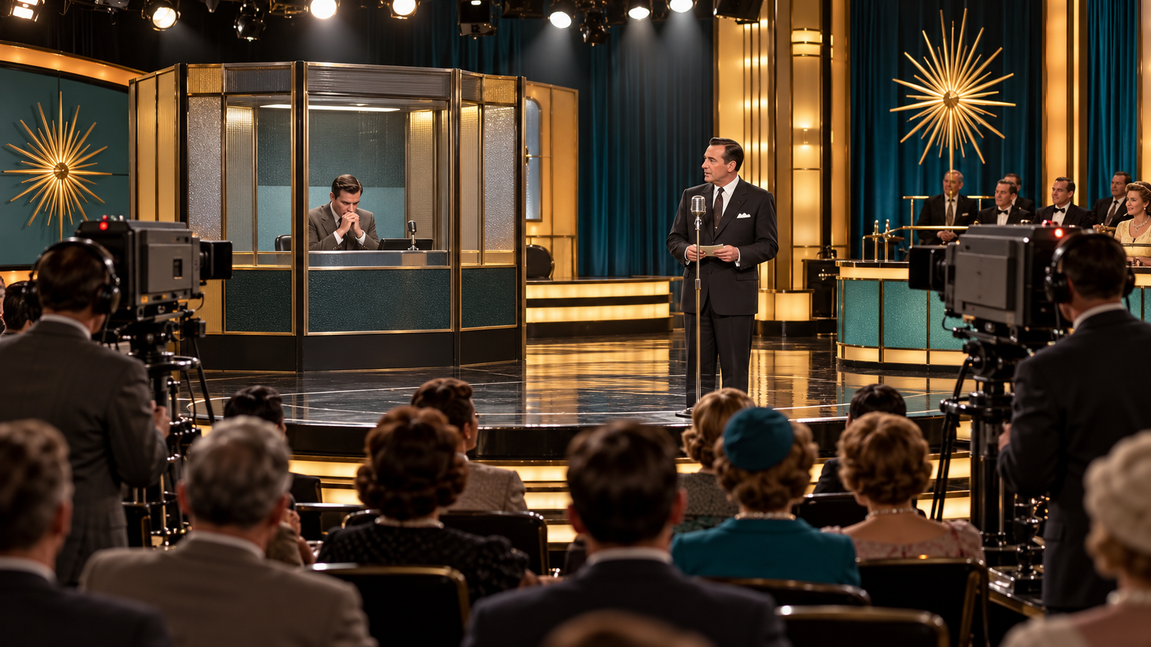 AI reconstruction of a high-stakes contestant in a glamorous 1955 television quiz-show studio