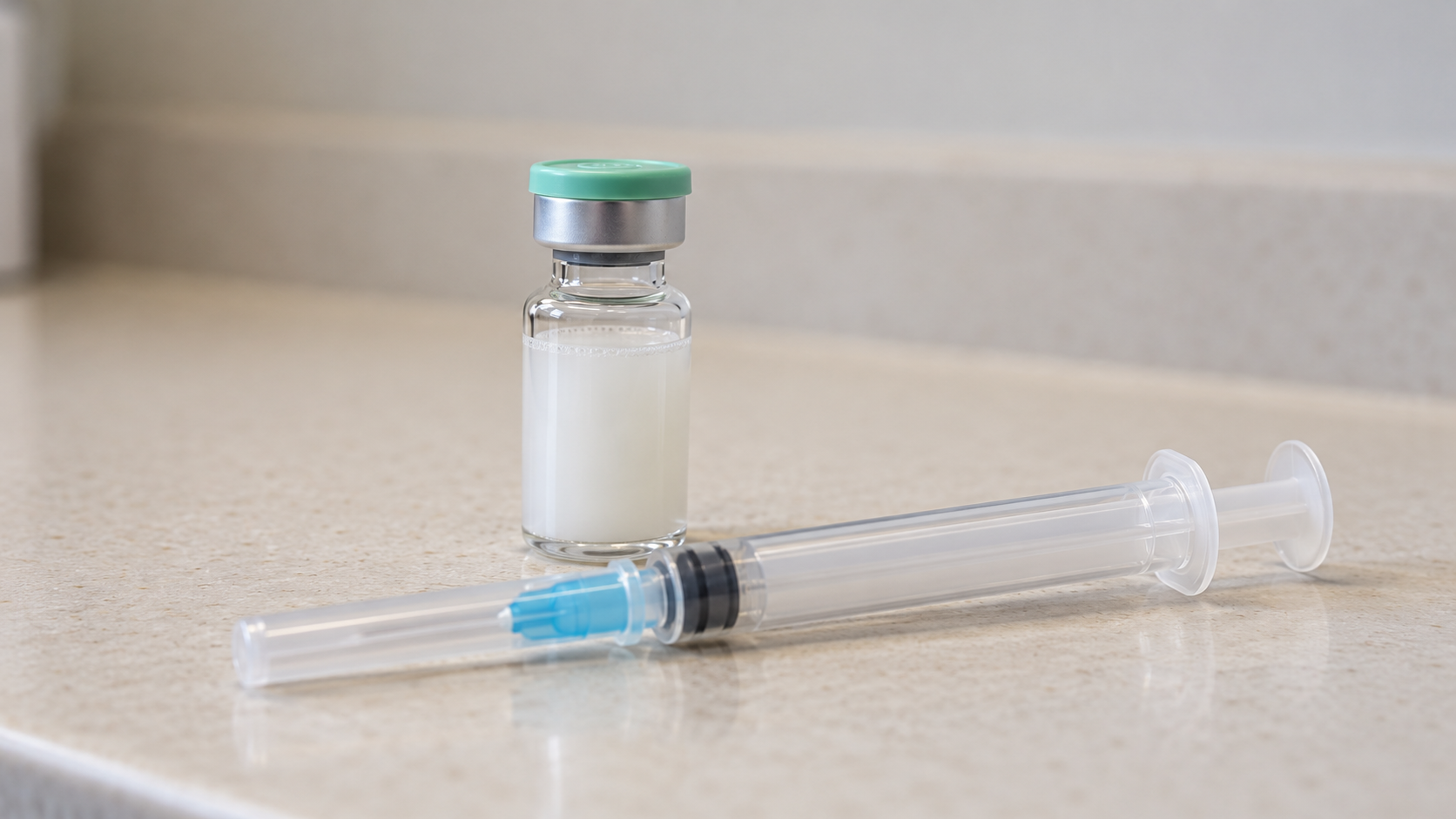 AI reconstruction of a period-style vaccine vial and capped syringe, illustrating the original 2006 HPV vaccine approval.