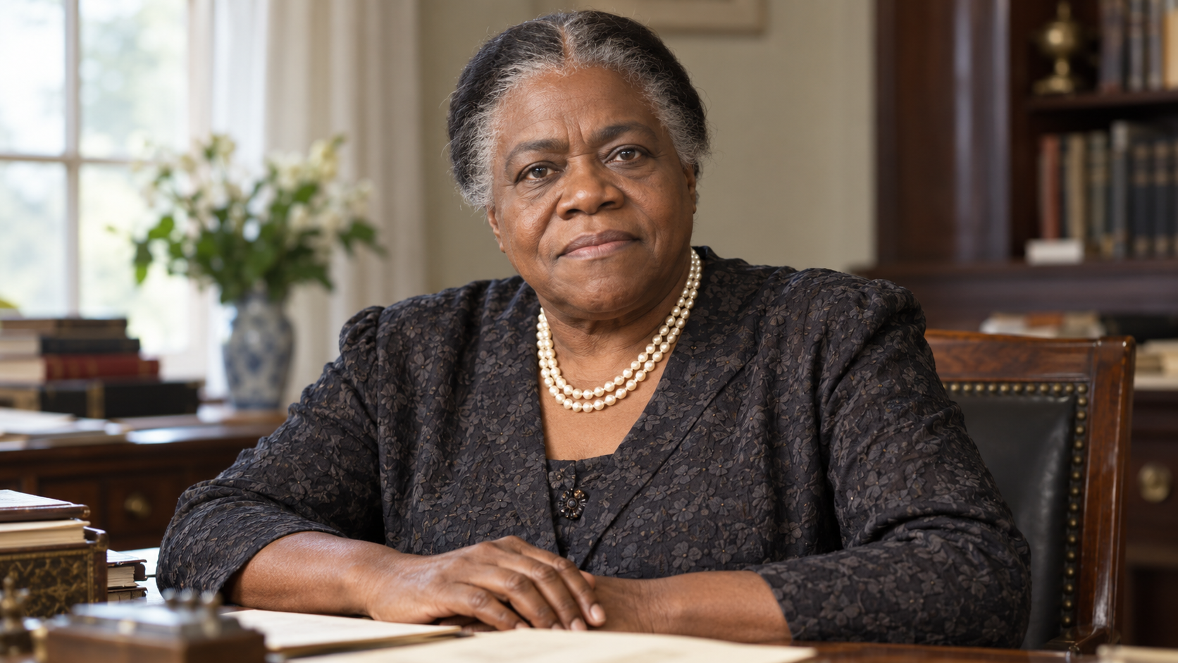 Realistic editorial recreation of Mary McLeod Bethune in a Washington civic organization study.