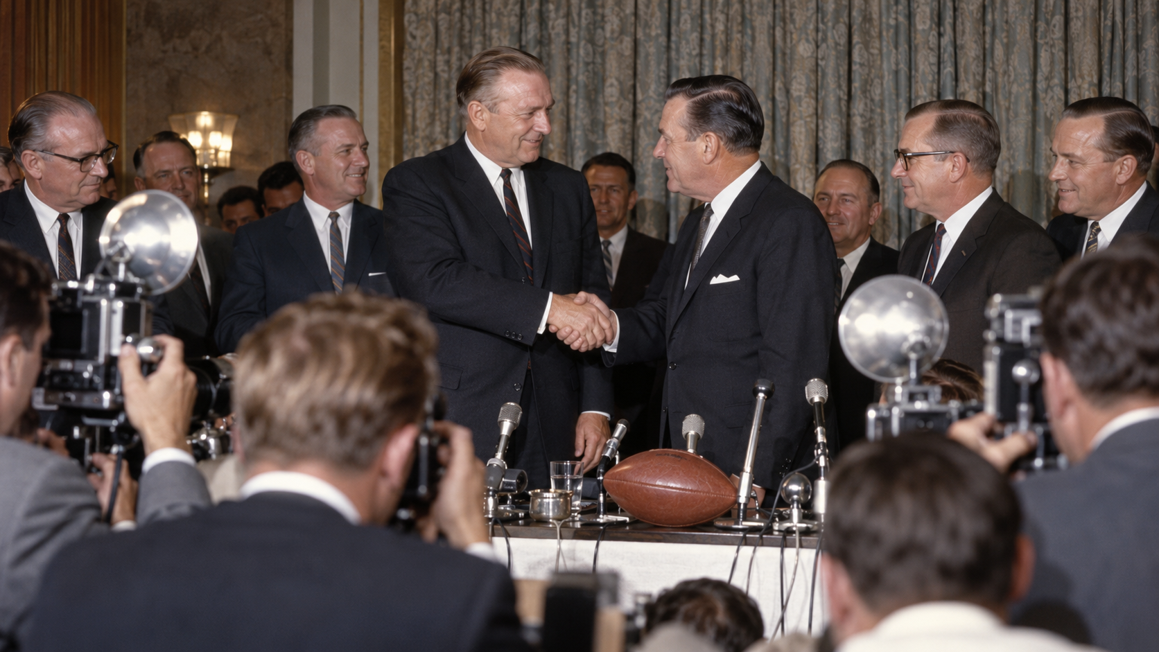 Photorealistic historical reconstruction of American football executives announcing the AFL-NFL merger at a 1966 press conference.