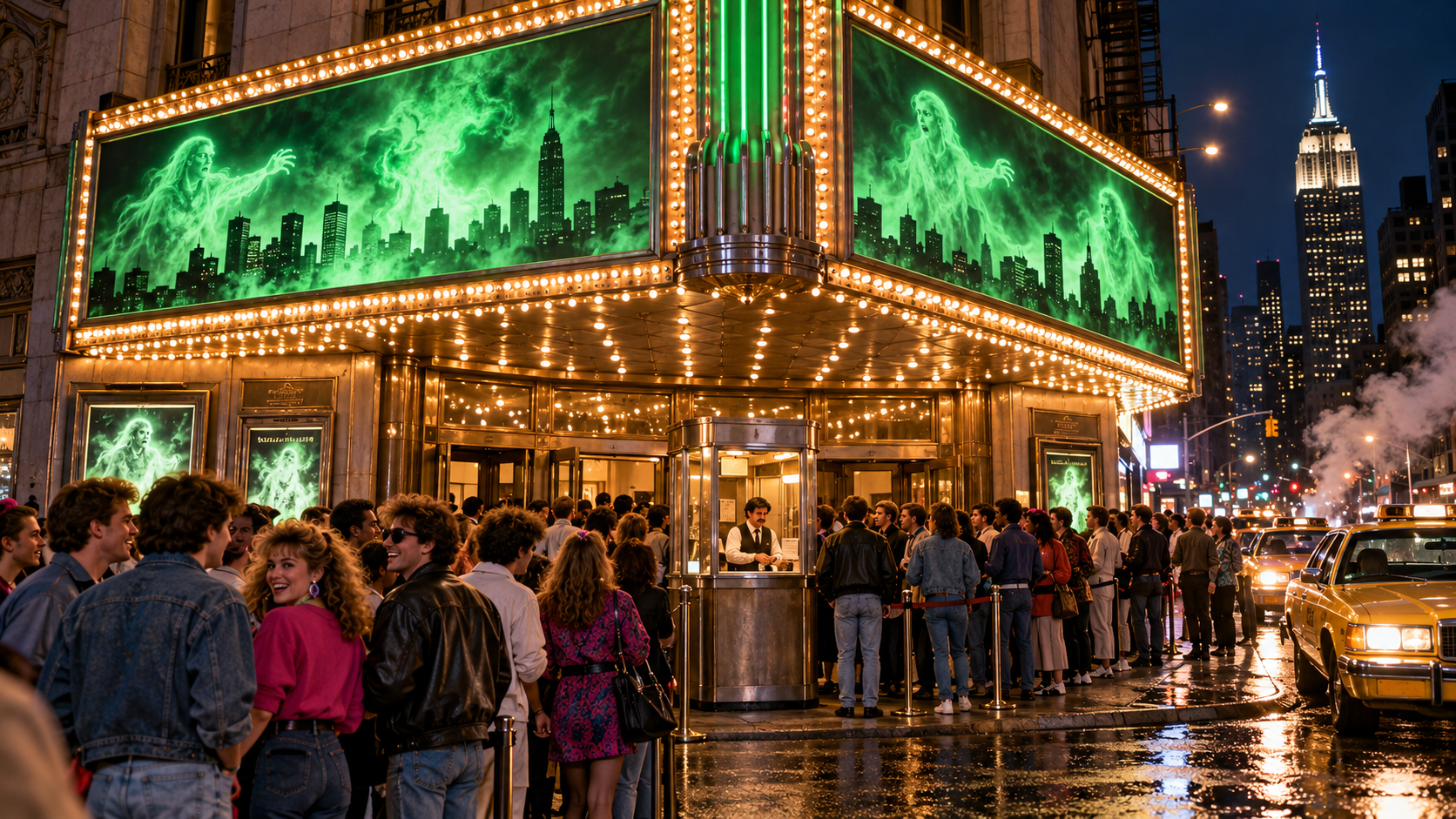 AI reconstruction of an excited 1984 crowd outside a Manhattan supernatural-comedy screening
