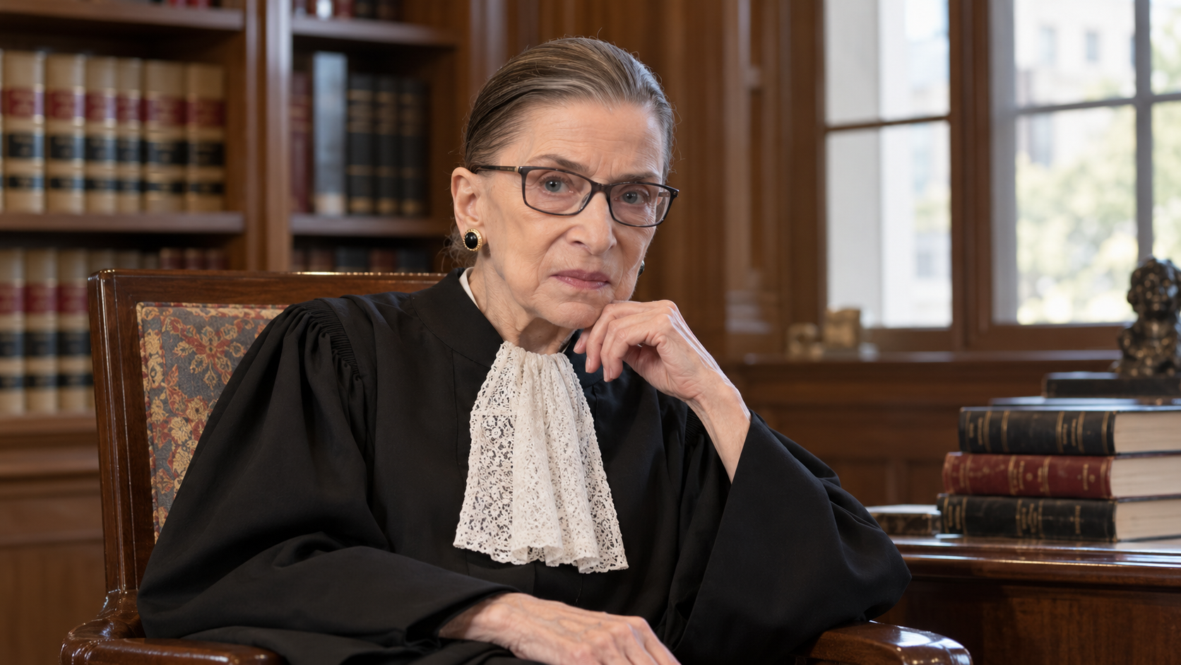 Realistic editorial recreation of Ruth Bader Ginsburg in a quiet judicial study.