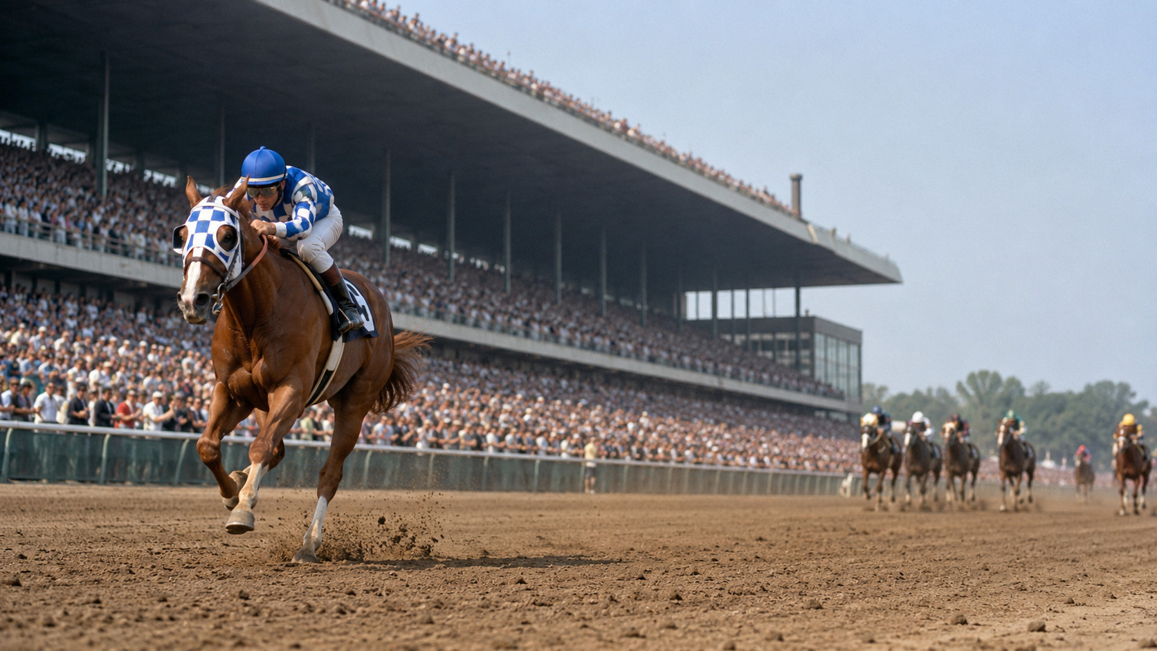Photorealistic historical reconstruction of Secretariat racing far ahead of the field in the 1973 Belmont Stakes.