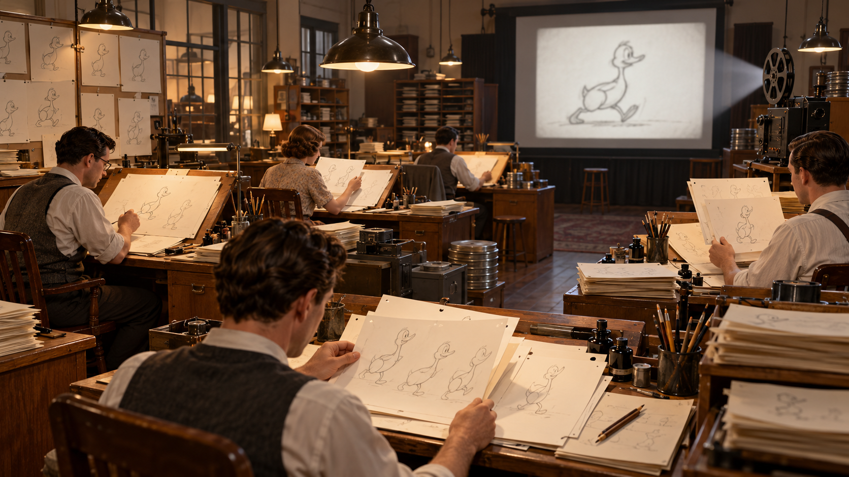 AI reconstruction of 1930s animators drawing a newly created comic duck character