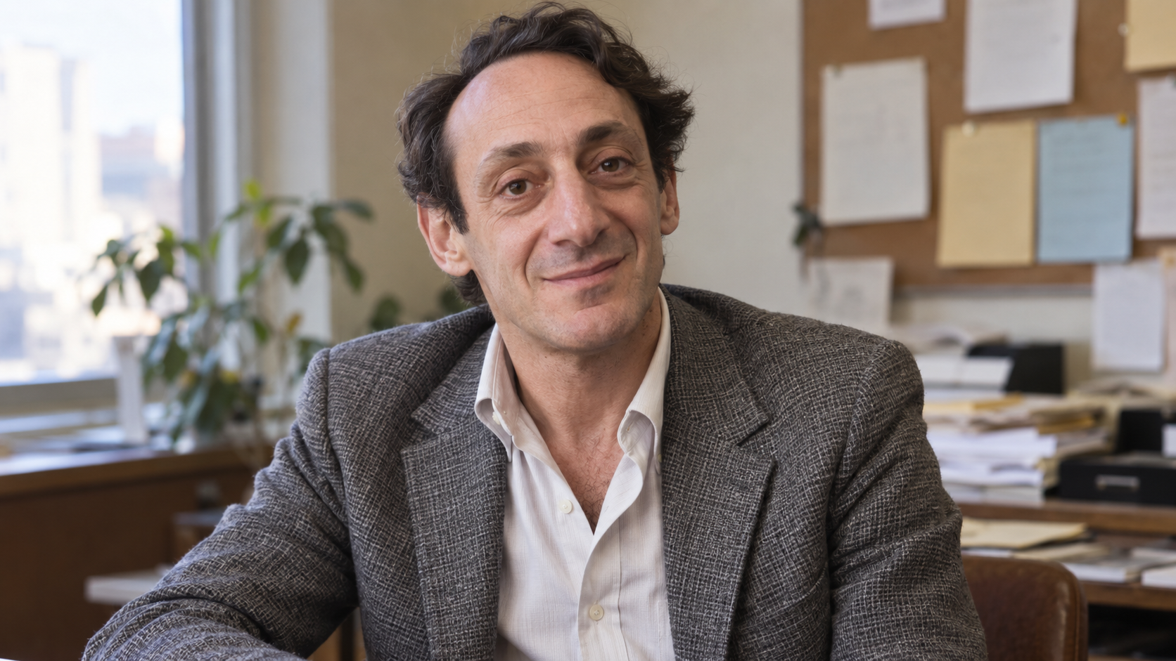 Realistic editorial recreation of Harvey Milk in a modest San Francisco civic office.