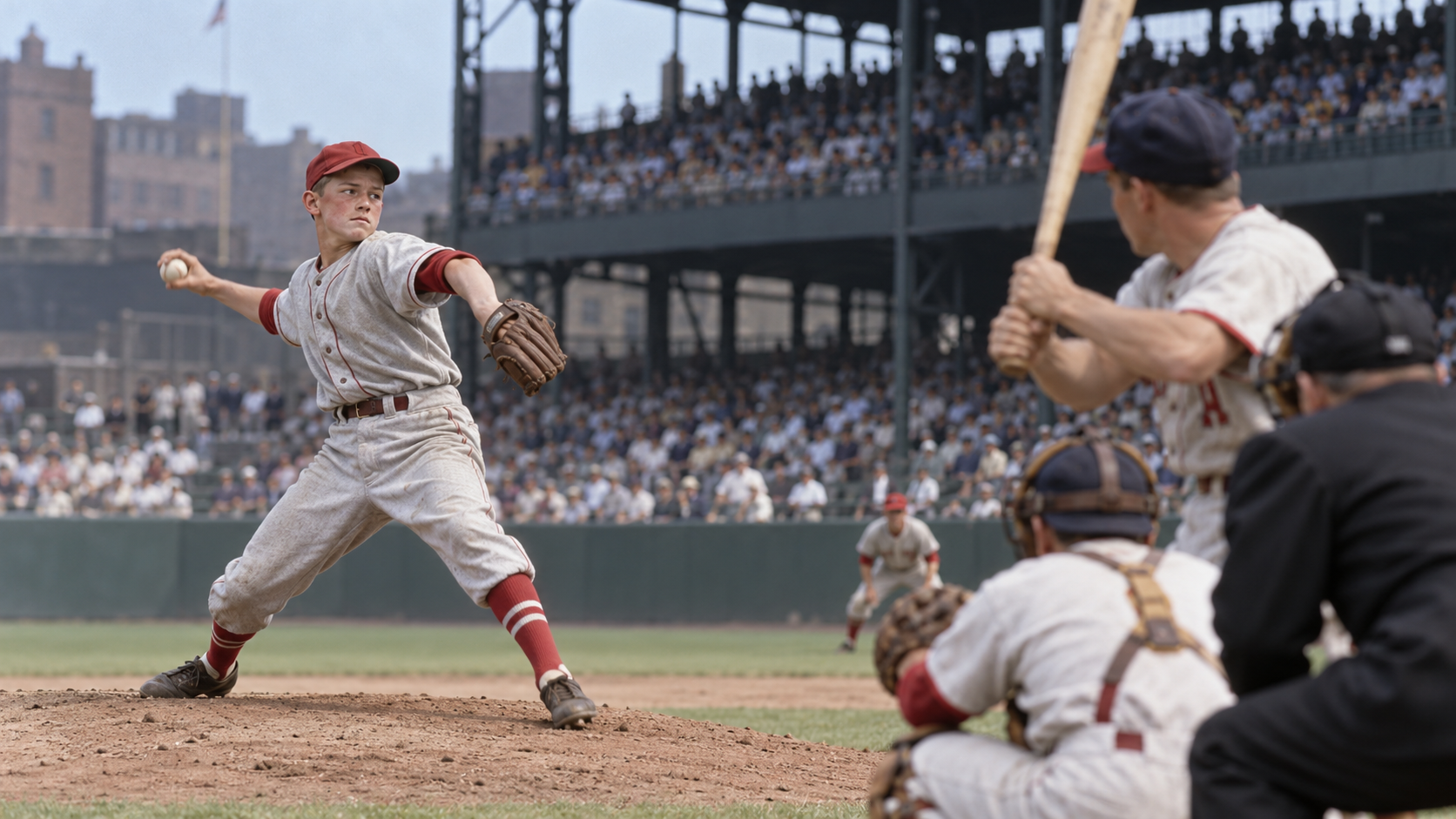 Photorealistic historical reconstruction of 15-year-old Joe Nuxhall pitching for Cincinnati against St. Louis in 1944.