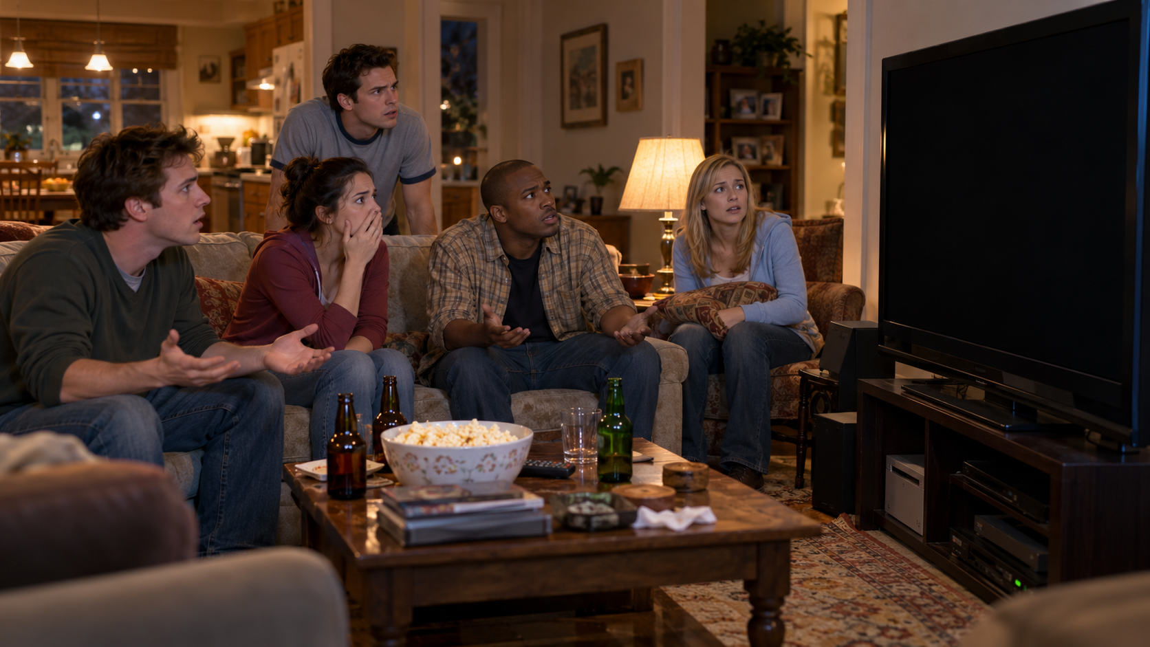 AI reconstruction of friends reacting to a sudden black television screen during a 2007 finale