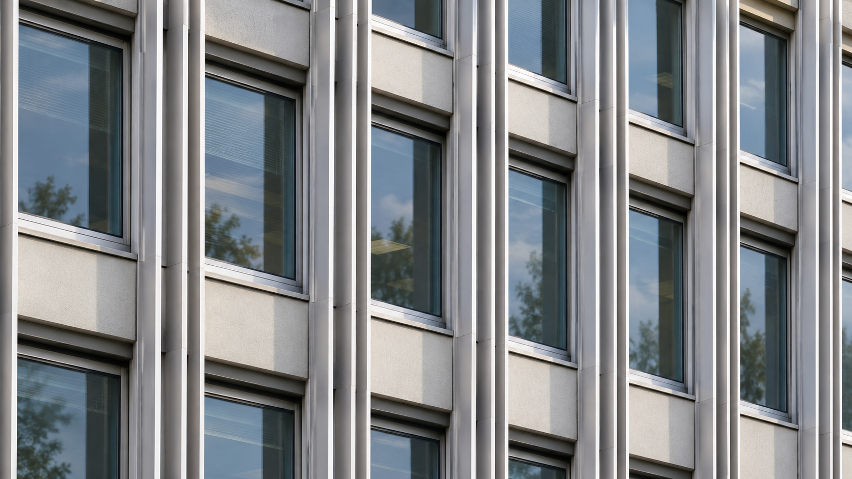 AI architectural reconstruction of a facade detail based on WHO's original Geneva headquarters; not an archival photograph.