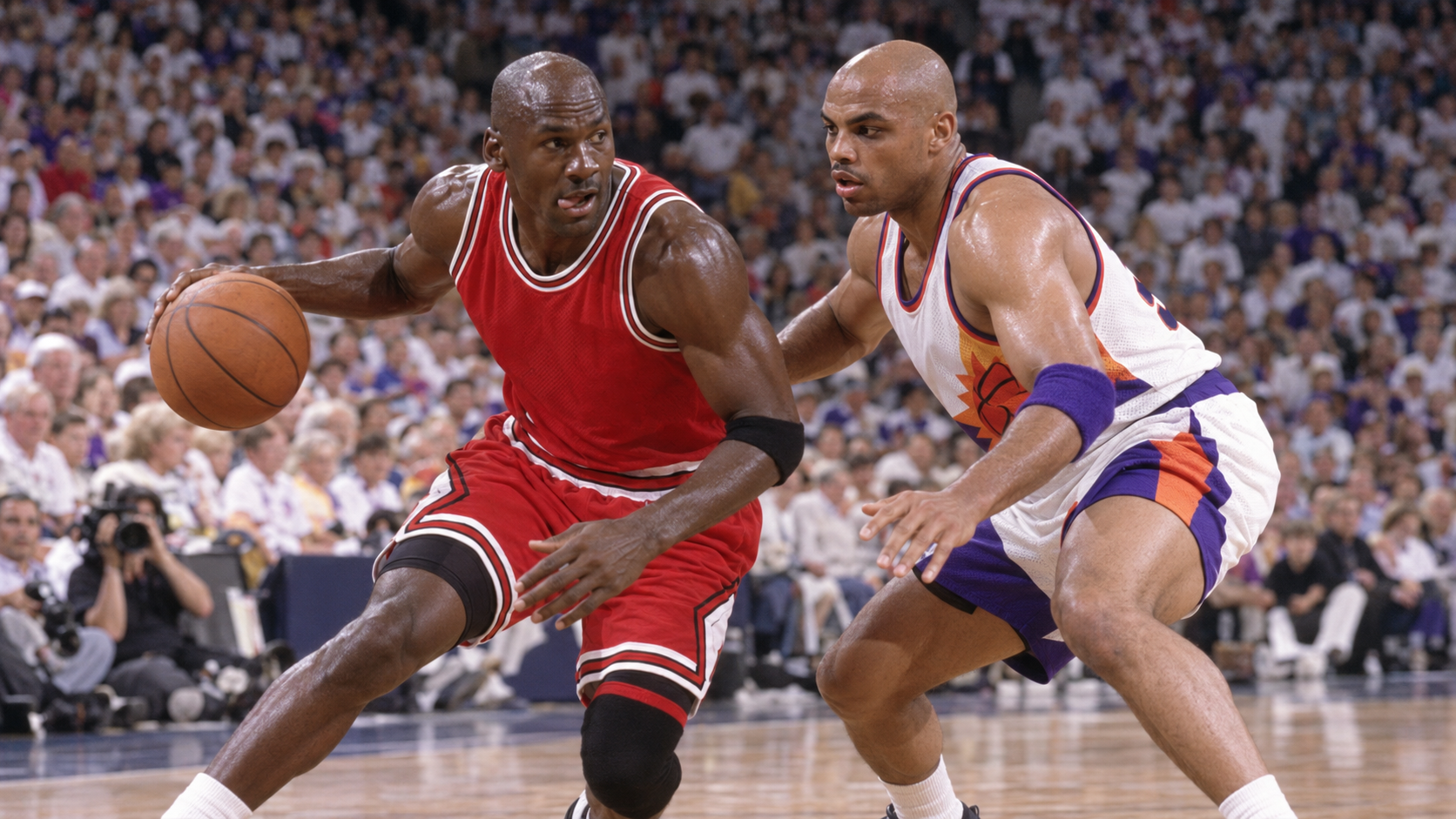 Photorealistic historical reconstruction of Michael Jordan and Charles Barkley competing during the 1993 NBA Finals in Phoenix.