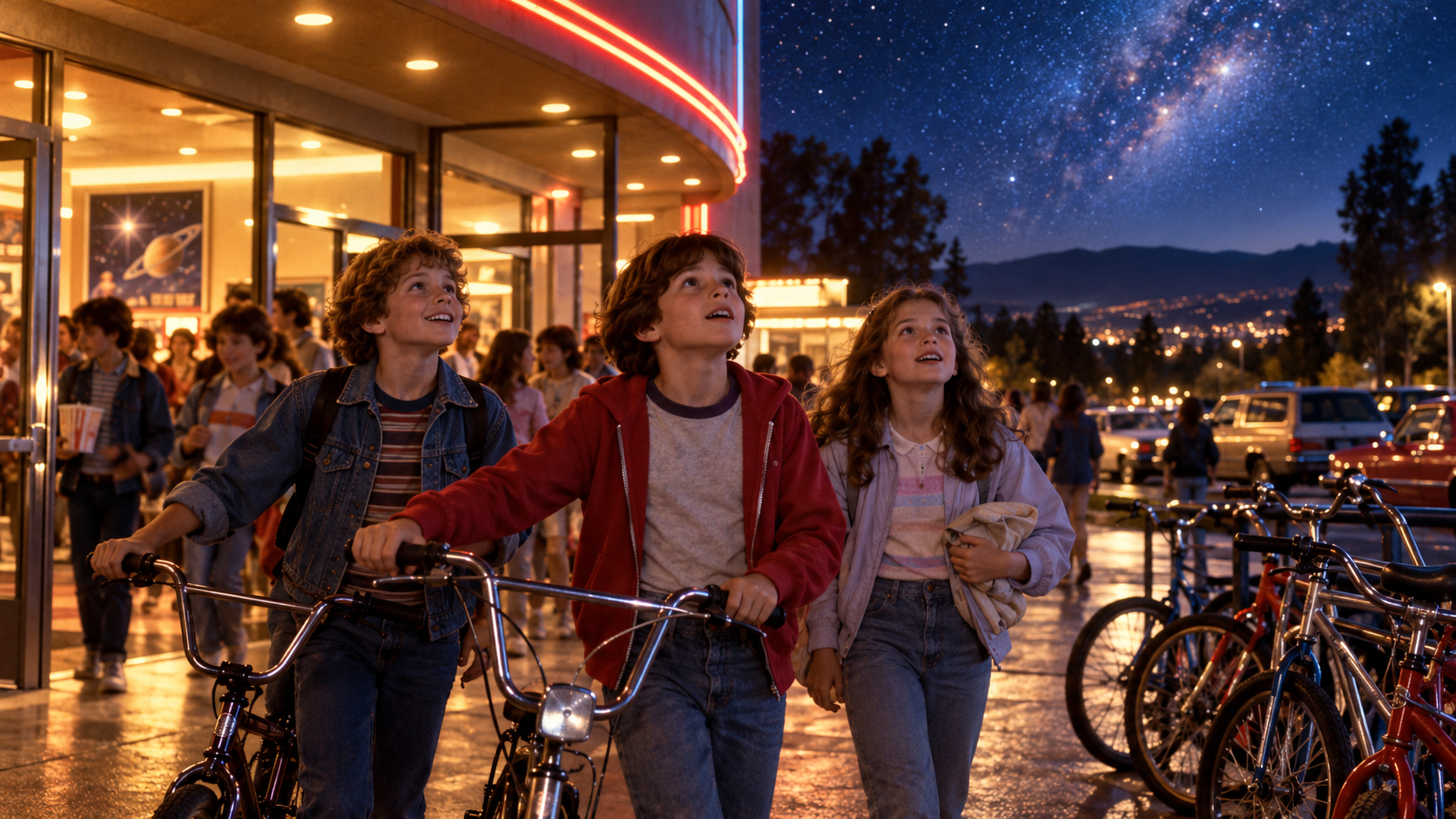 AI reconstruction of children leaving a suburban cinema with bicycles under a starry June 1982 sky