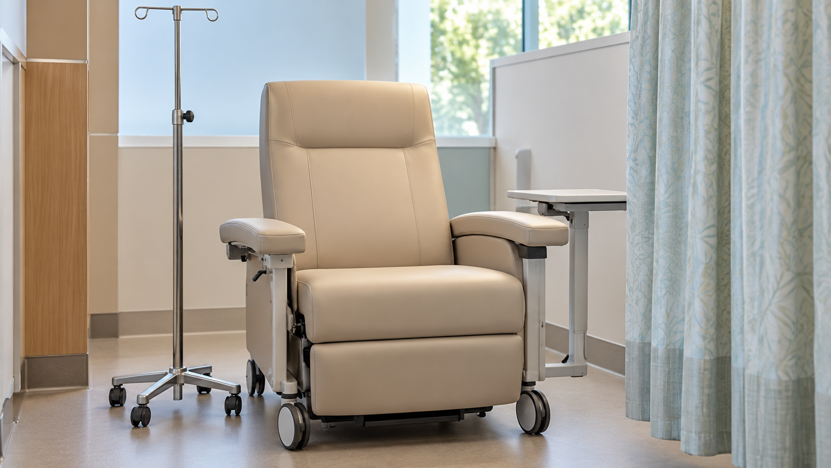 AI reconstruction of an unoccupied cancer infusion chair and IV pole, illustrating the treatment setting rather than an actual trial site.