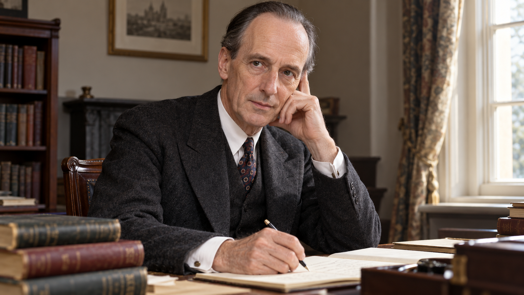 Realistic editorial recreation of Norman Angell in a European lecture preparation room.