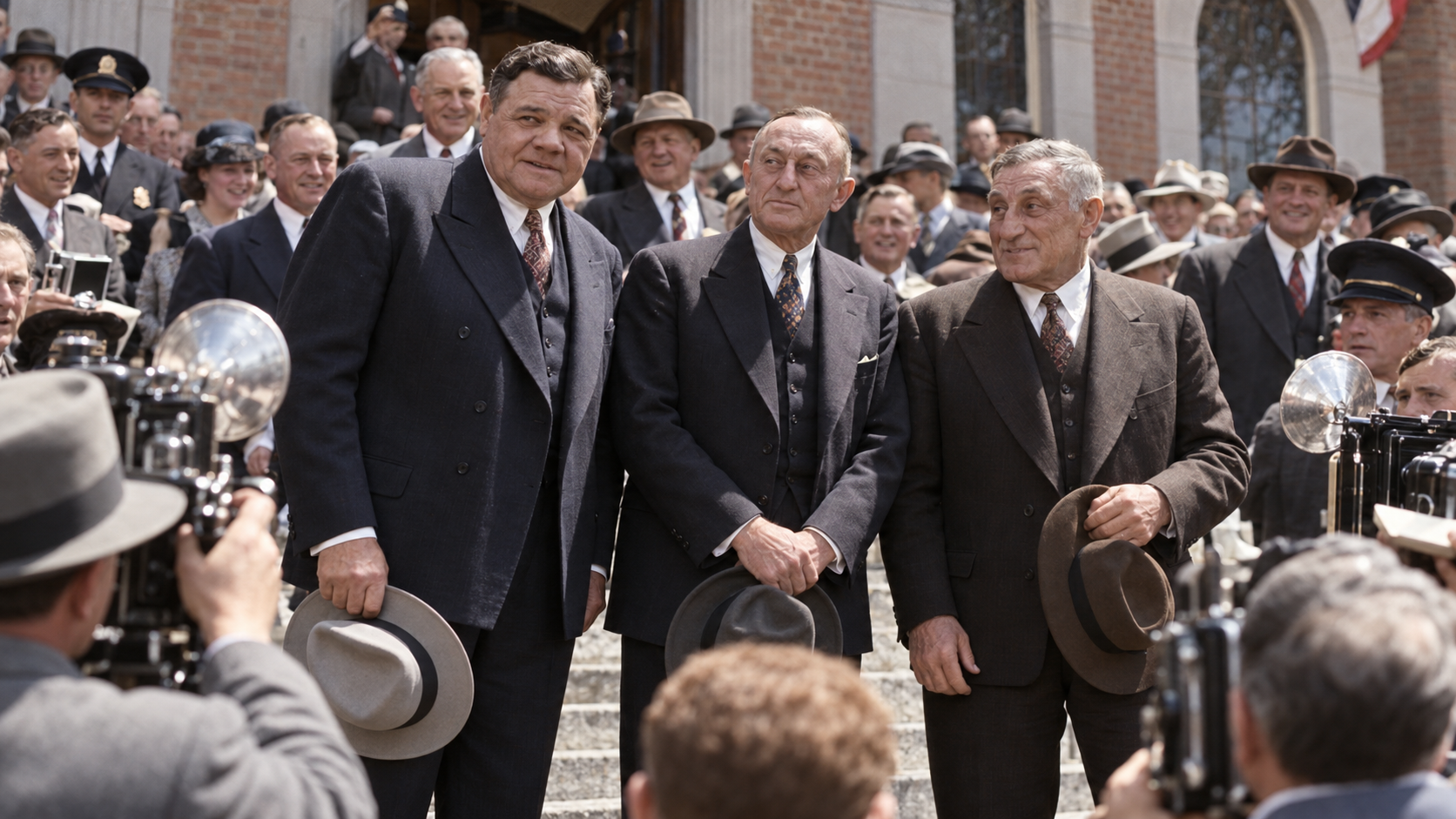 Photorealistic historical reconstruction of baseball legends gathering outside the Hall of Fame in Cooperstown for the 1939 opening ceremony.