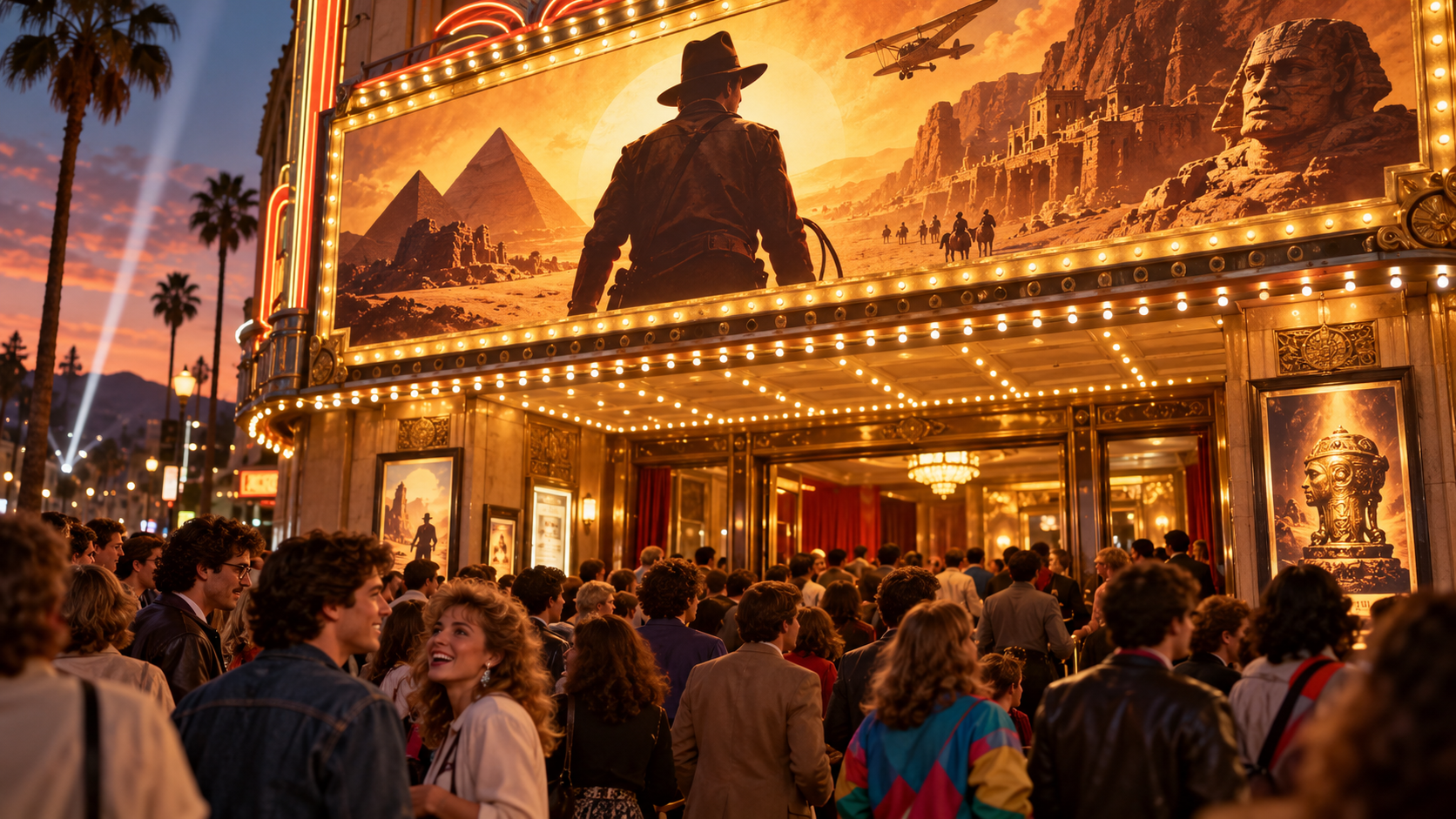 AI reconstruction of a 1981 audience arriving for a globe-spanning archaeological adventure film