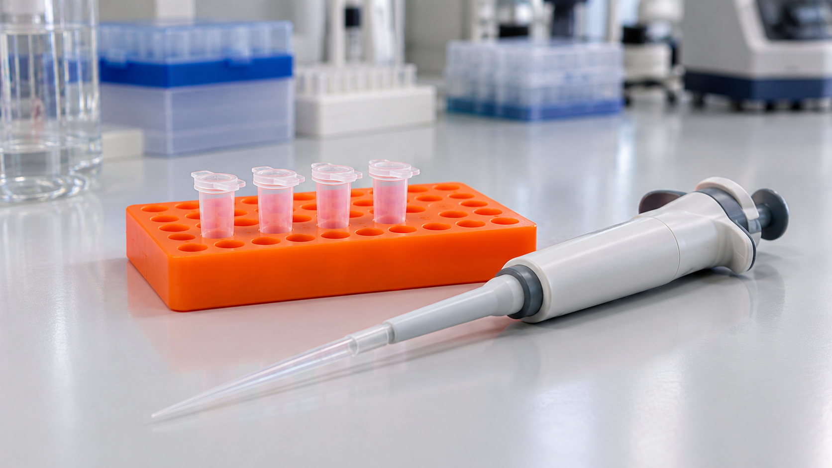 AI contextual reconstruction of microtubes and a pipette used in genetic laboratory work; not an actual Myriad laboratory photograph.