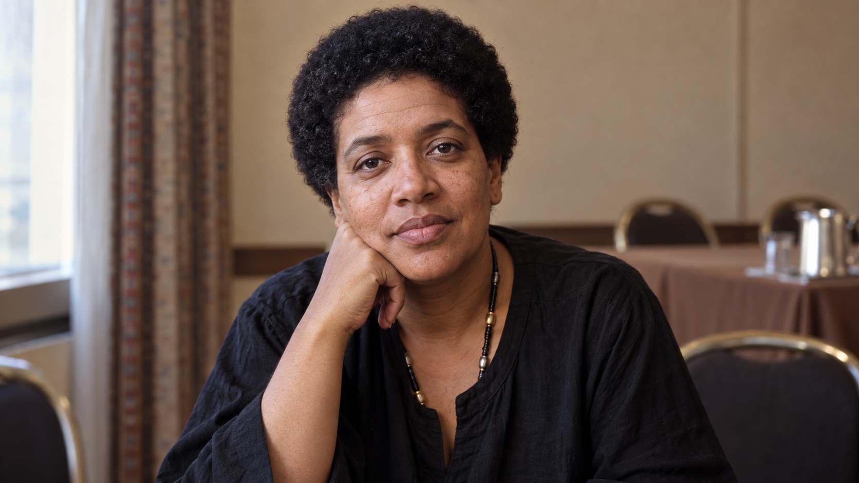 Realistic editorial recreation of Audre Lorde in a modest late-1970s literary conference room.