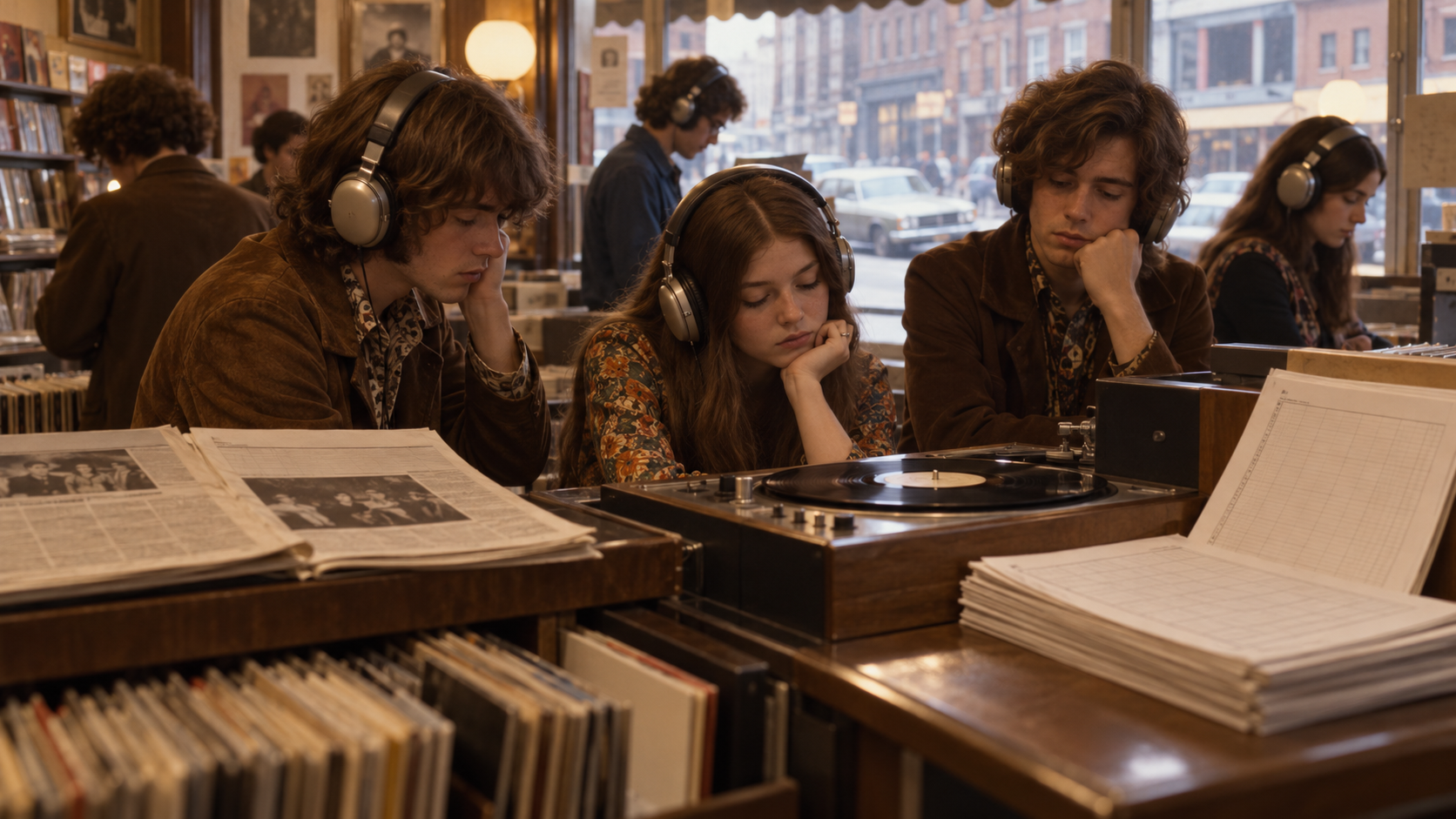 AI reconstruction of 1970 record-store listeners hearing a melancholy orchestral ballad