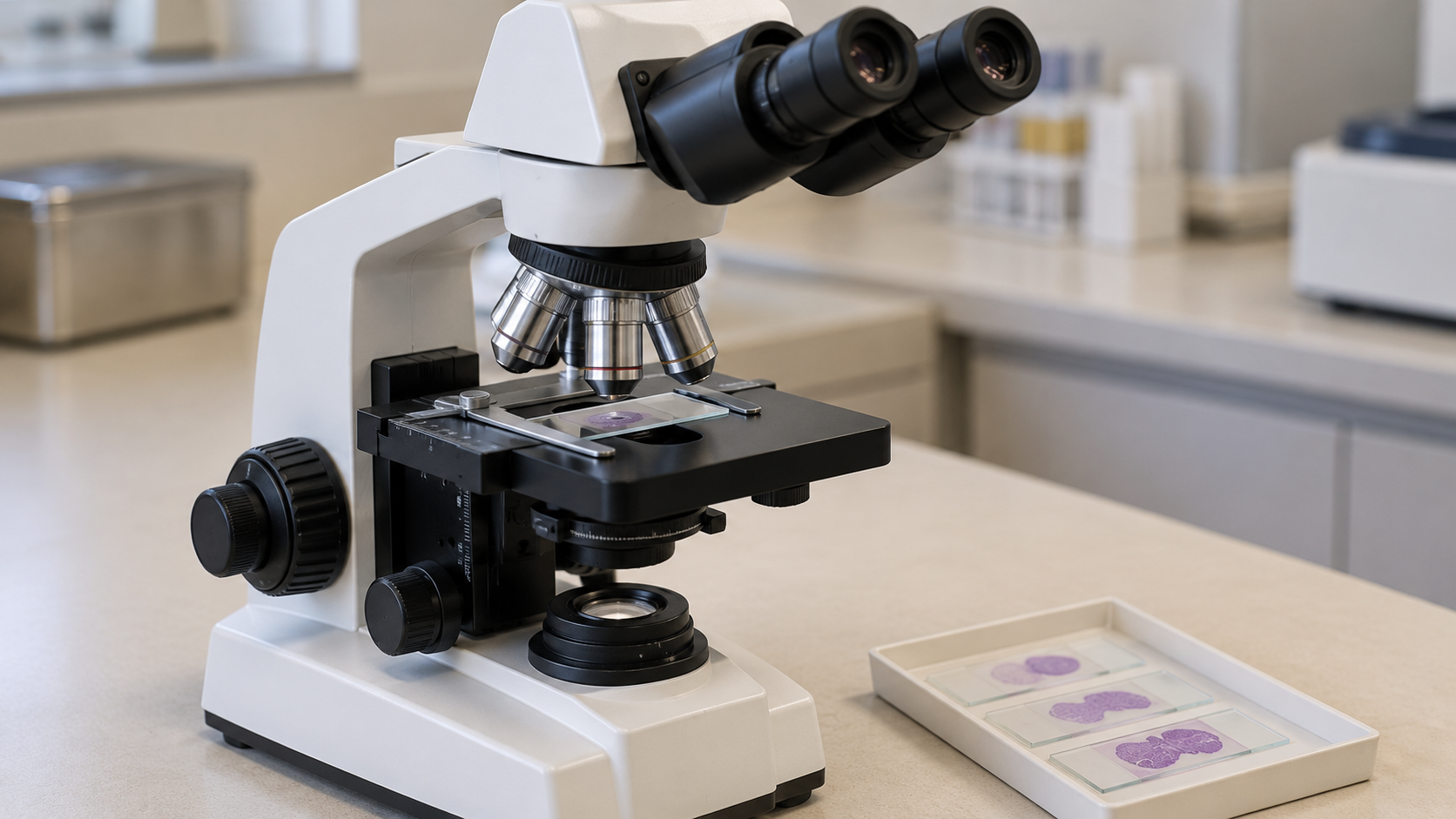 AI reconstruction of a pathology microscope and glass tissue slides, illustrating tumor assessment rather than a specific diagnostic result.