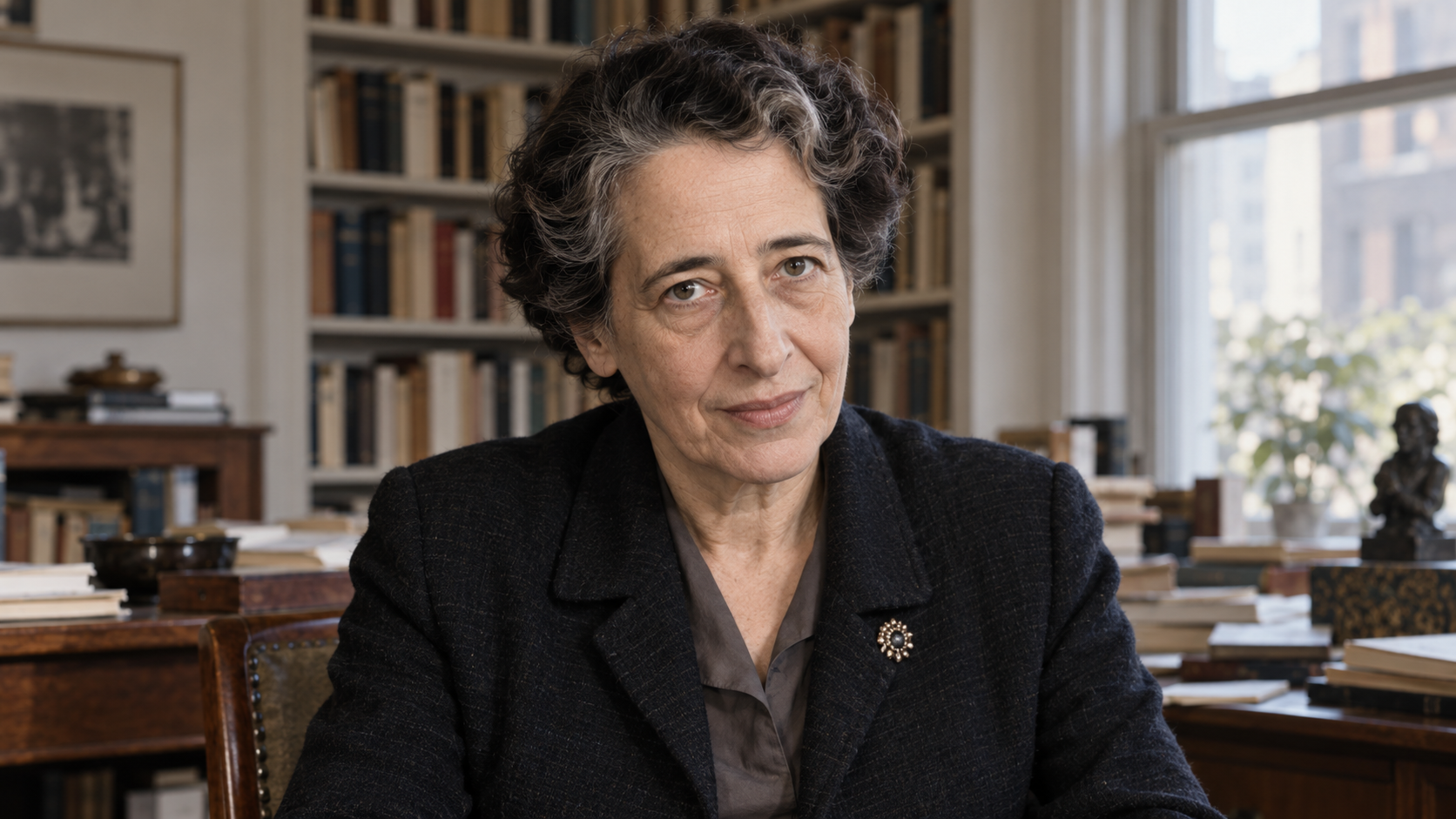 Realistic editorial recreation of Hannah Arendt in a quiet 1960s New York study.
