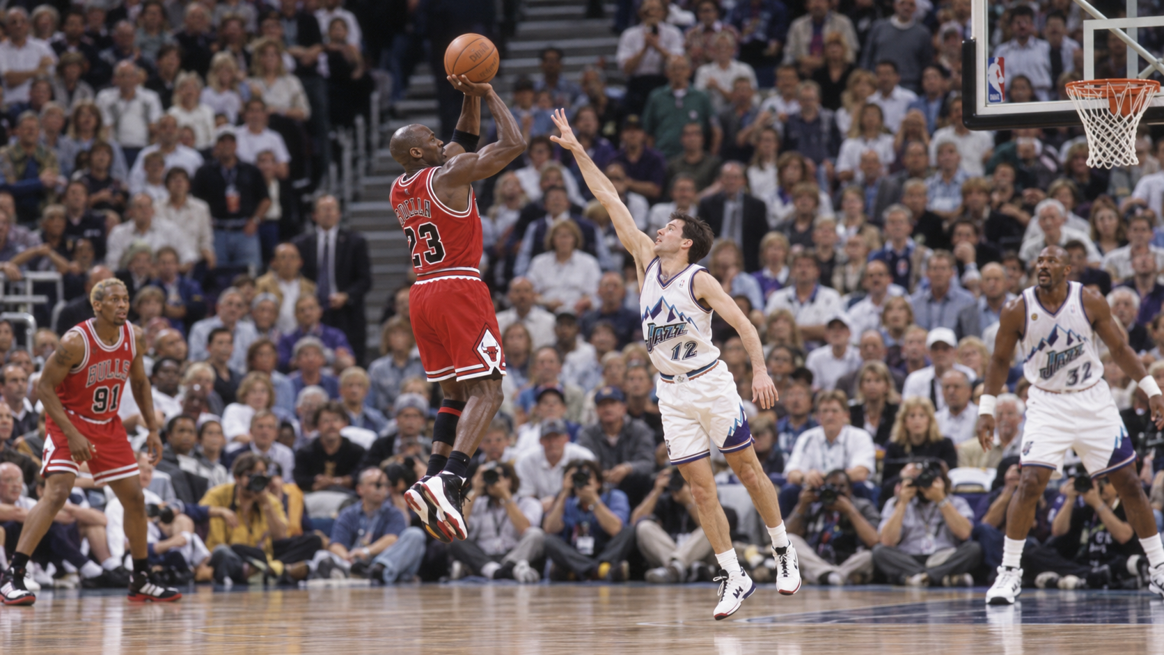 Photorealistic historical reconstruction of Michael Jordan rising for the championship-winning shot against Utah in the 1998 NBA Finals.