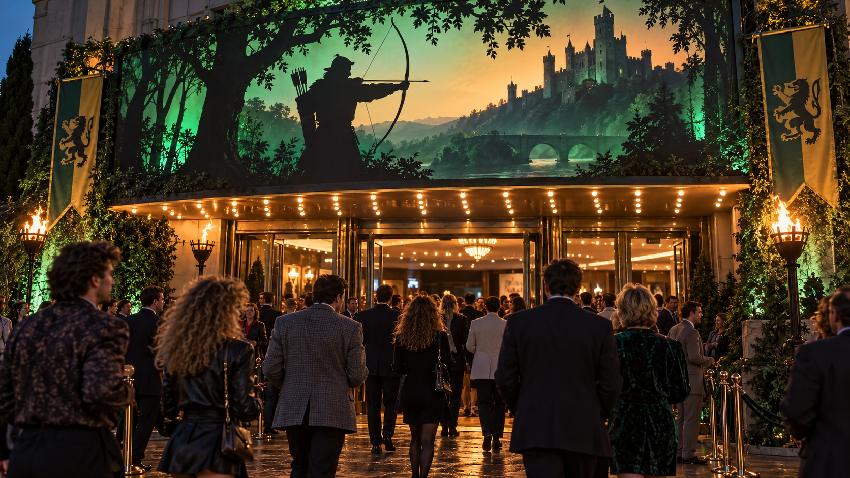 AI reconstruction of moviegoers entering a forest-themed theater for a 1991 medieval adventure