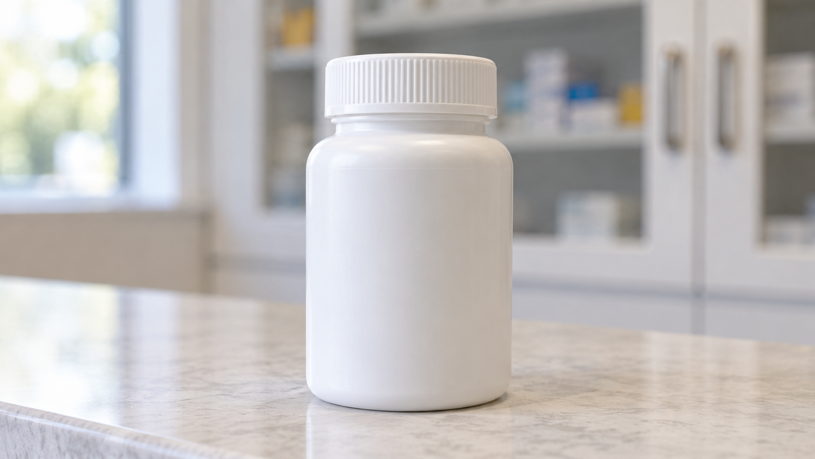 AI contextual reconstruction of a closed pharmaceutical tablet bottle based on 2020 medicine-container references; not an archival photograph.