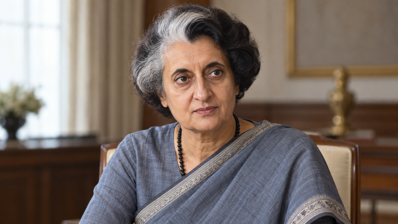 Realistic editorial recreation of Indira Gandhi in a neutral early-1970s diplomatic meeting room.