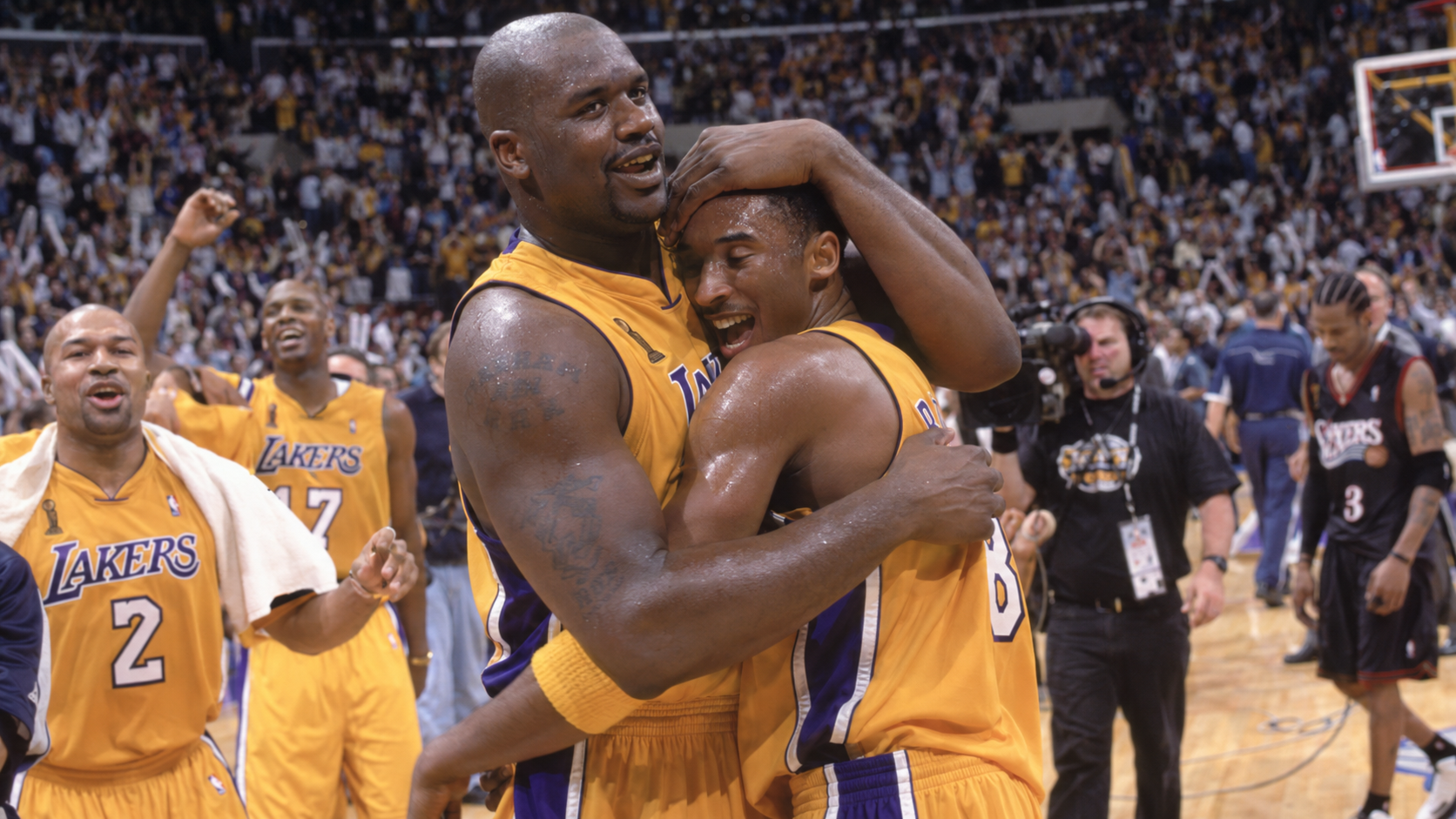 Photorealistic historical reconstruction of Los Angeles basketball players celebrating the 2001 NBA championship in Philadelphia.