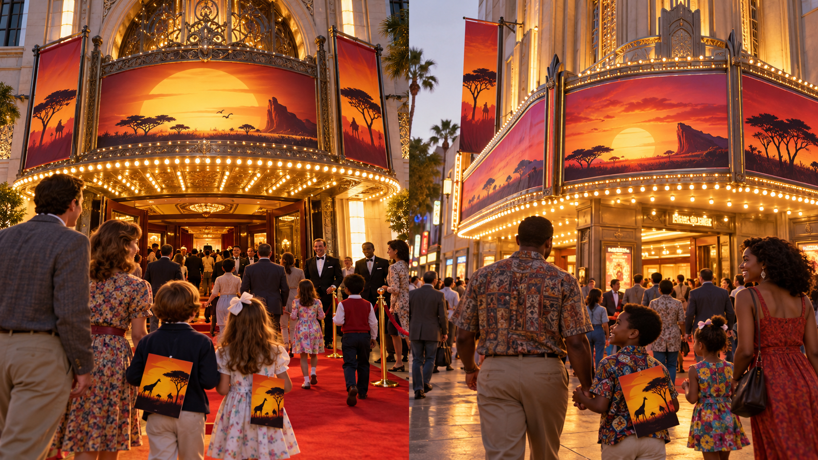 AI reconstruction of families arriving at two grand theaters for a 1994 animated-film event