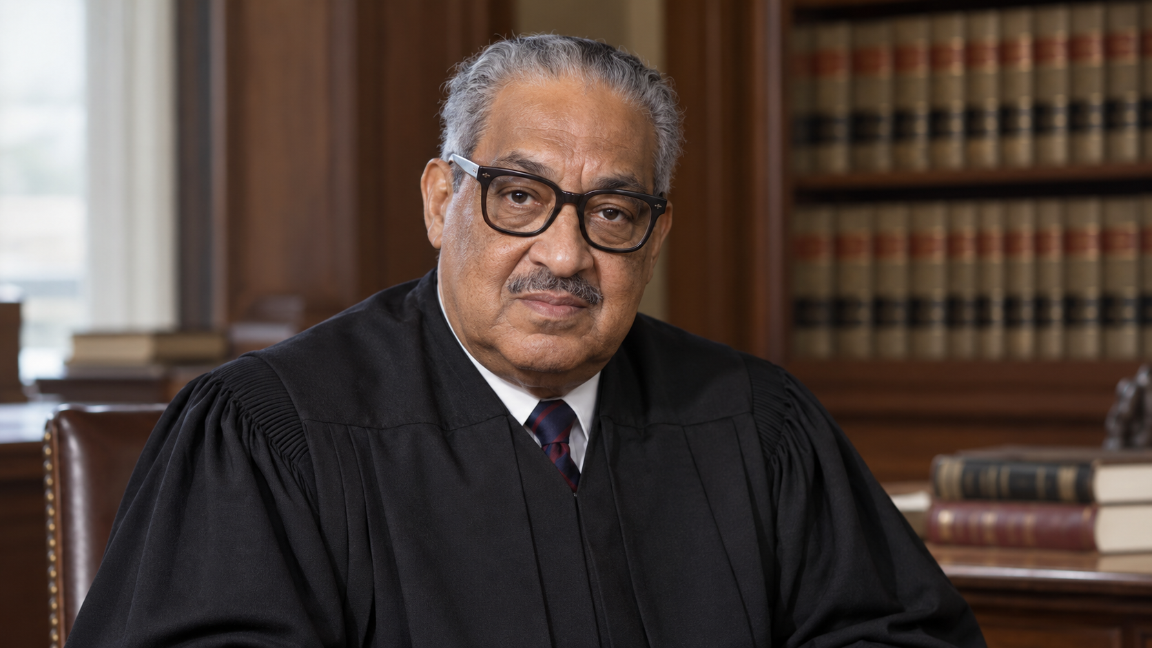 Realistic editorial recreation of Thurgood Marshall in a quiet early-1970s judicial study.