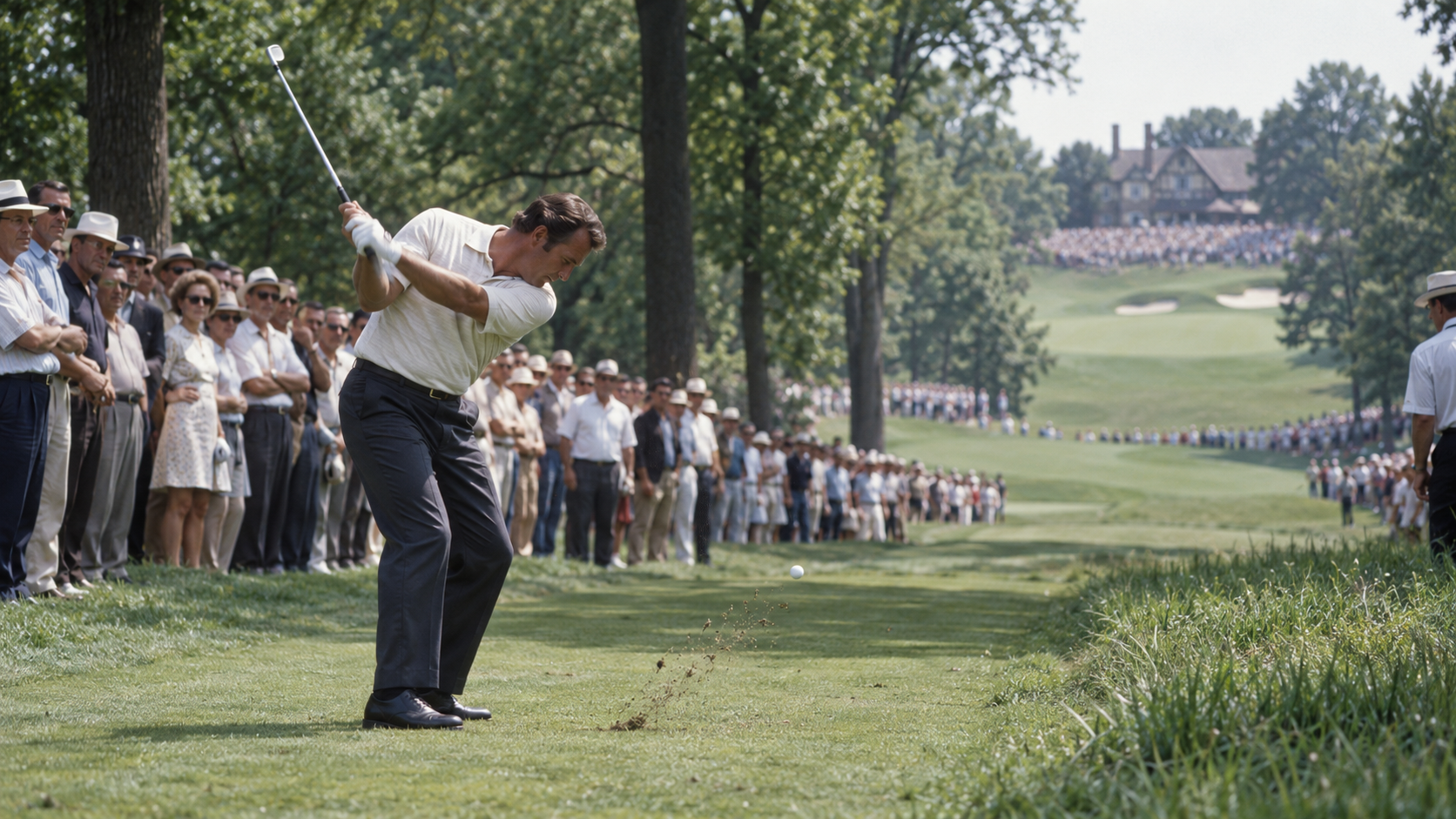 Photorealistic historical reconstruction of Lee Trevino playing from the fairway during his 1968 U.S. Open victory at Oak Hill.