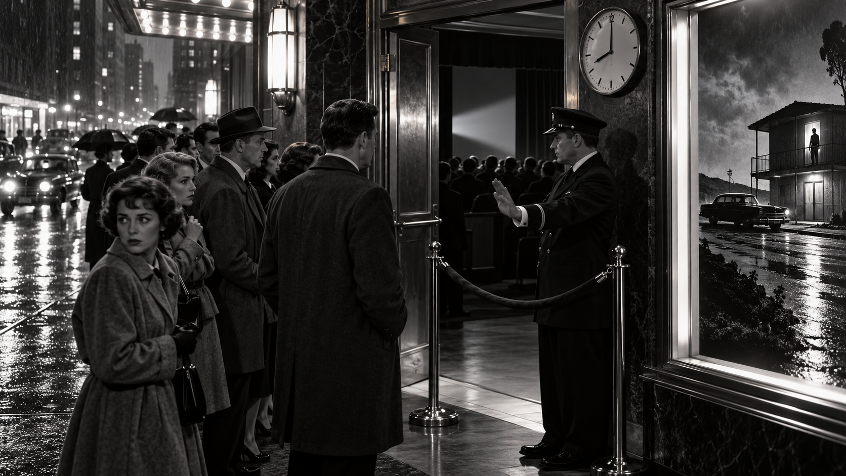 AI reconstruction of an uneasy 1960 theater crowd held outside after Psycho has begun