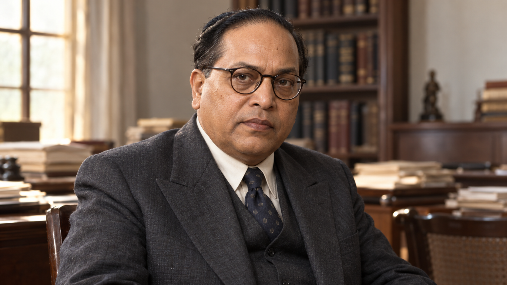 Realistic editorial recreation of B. R. Ambedkar in a modest late-1940s legal scholar’s office.