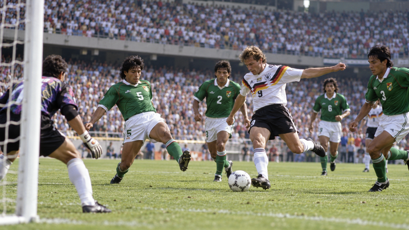 Photorealistic historical reconstruction of Germany and Bolivia playing the opening match of the 1994 World Cup at Soldier Field in Chicago.