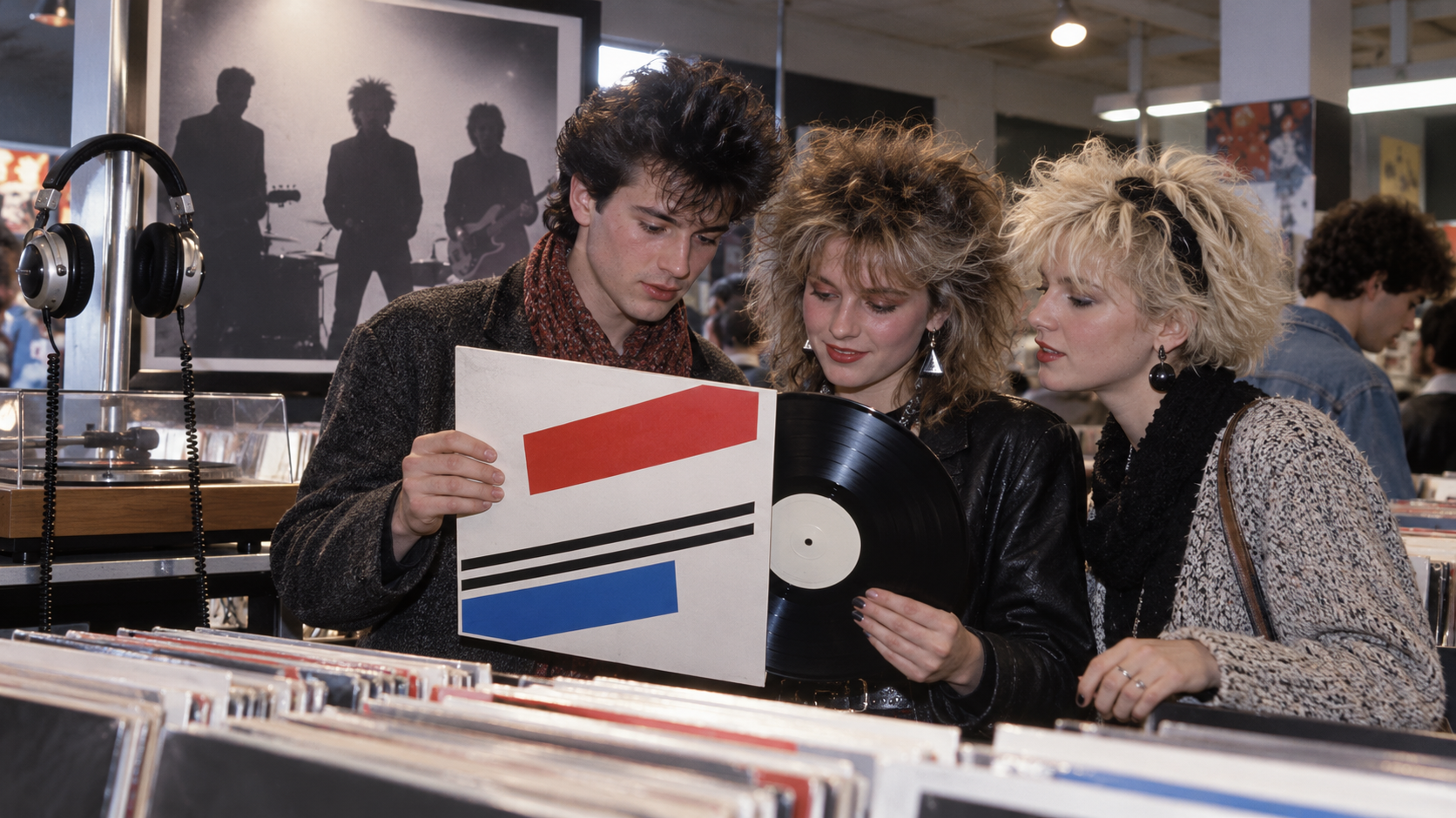 AI reconstruction of new-wave fans examining an abstract new vinyl album in a 1983 record store